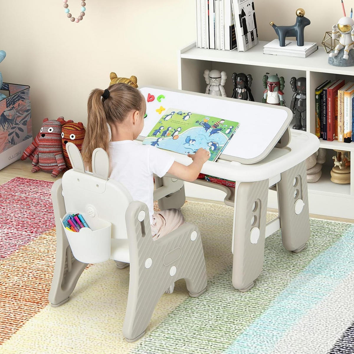 KINDERTISCH mit Stuhl grau(2-tlg) - Grau, Kunststoff (80/40/50cm) - COSTWAY