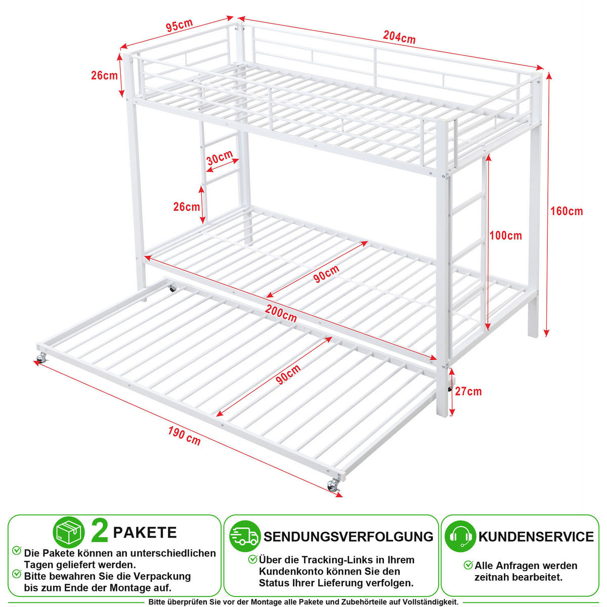ETAGENBETT 90/200 cm & 90/190 cm in Weiß mit Ausziehbett und Sicherheitsgeländer - Weiß, Metall (90/200cm) - CHICFURN