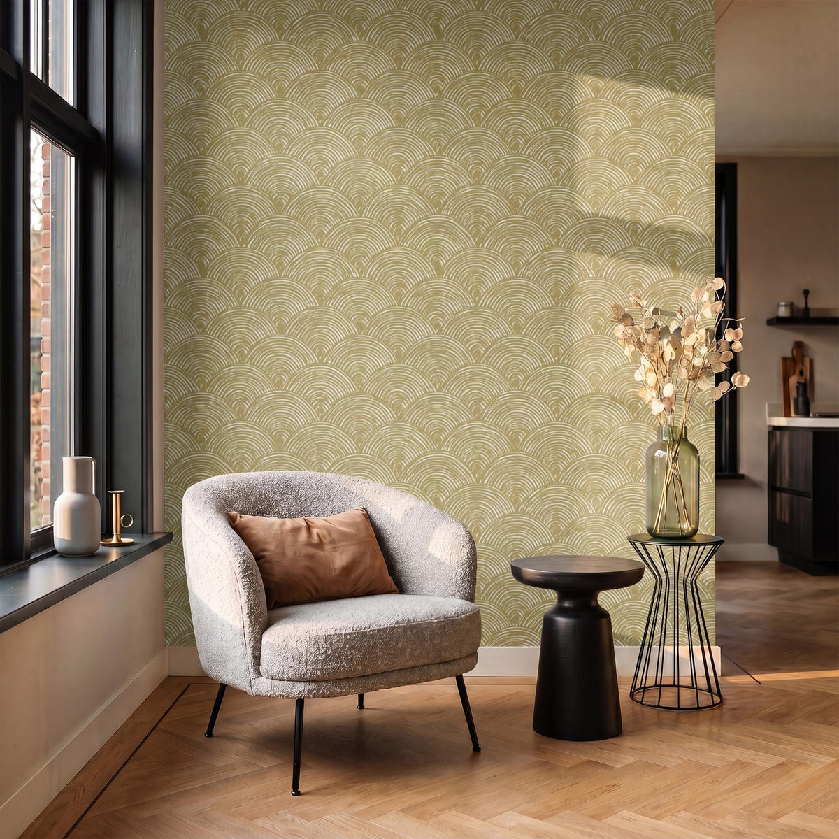 TAPETE - Fächer - Geometrisch - Grün - 180x220 cm - Goldfarben, Papier (180/220cm) - OnlyWow