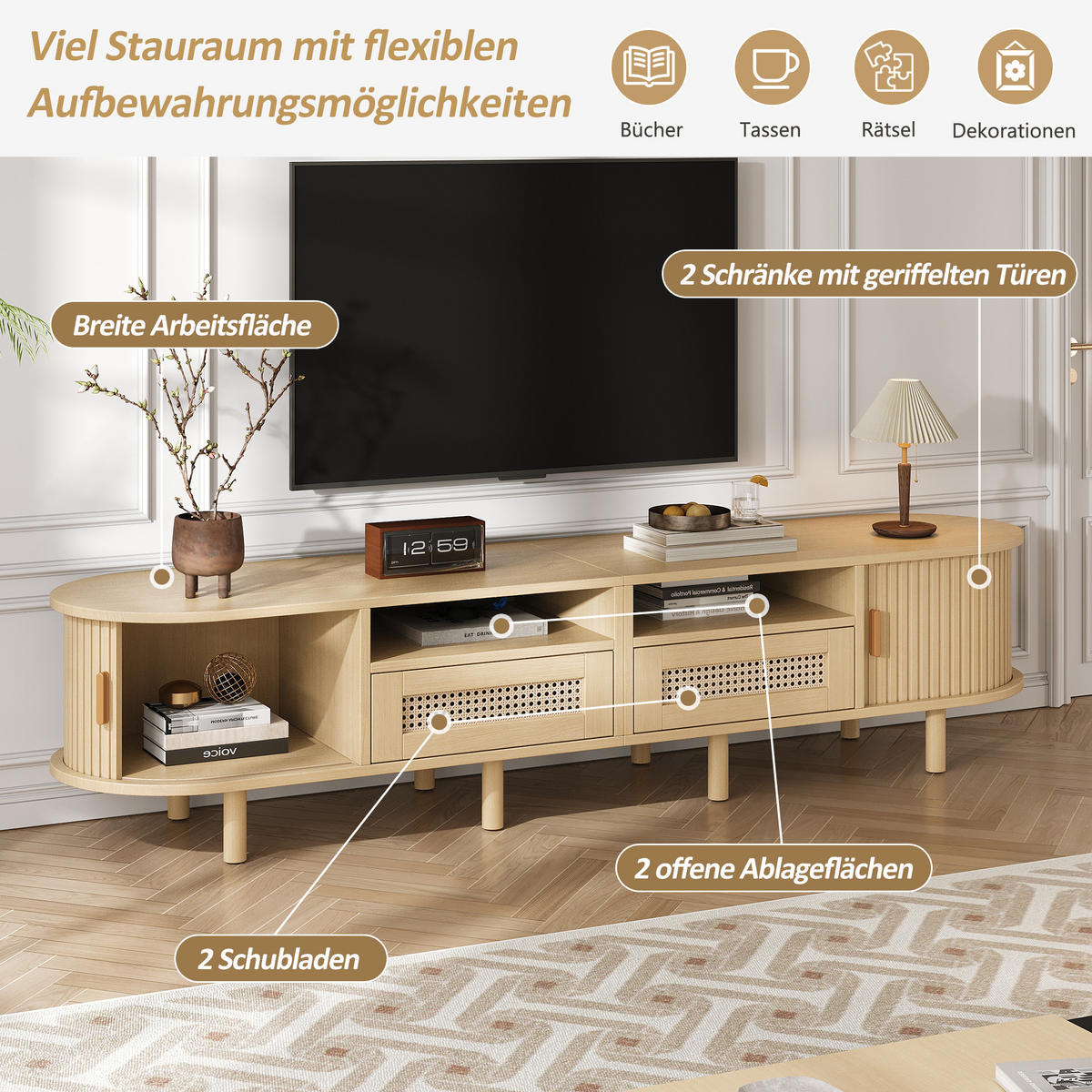 TV-SCHRANK Skandinavisch Oval 170 cm in Eiche-Optik - Eichefarben, Holz/Holzwerkstoff (170/40/40cm) - Urban Meuble