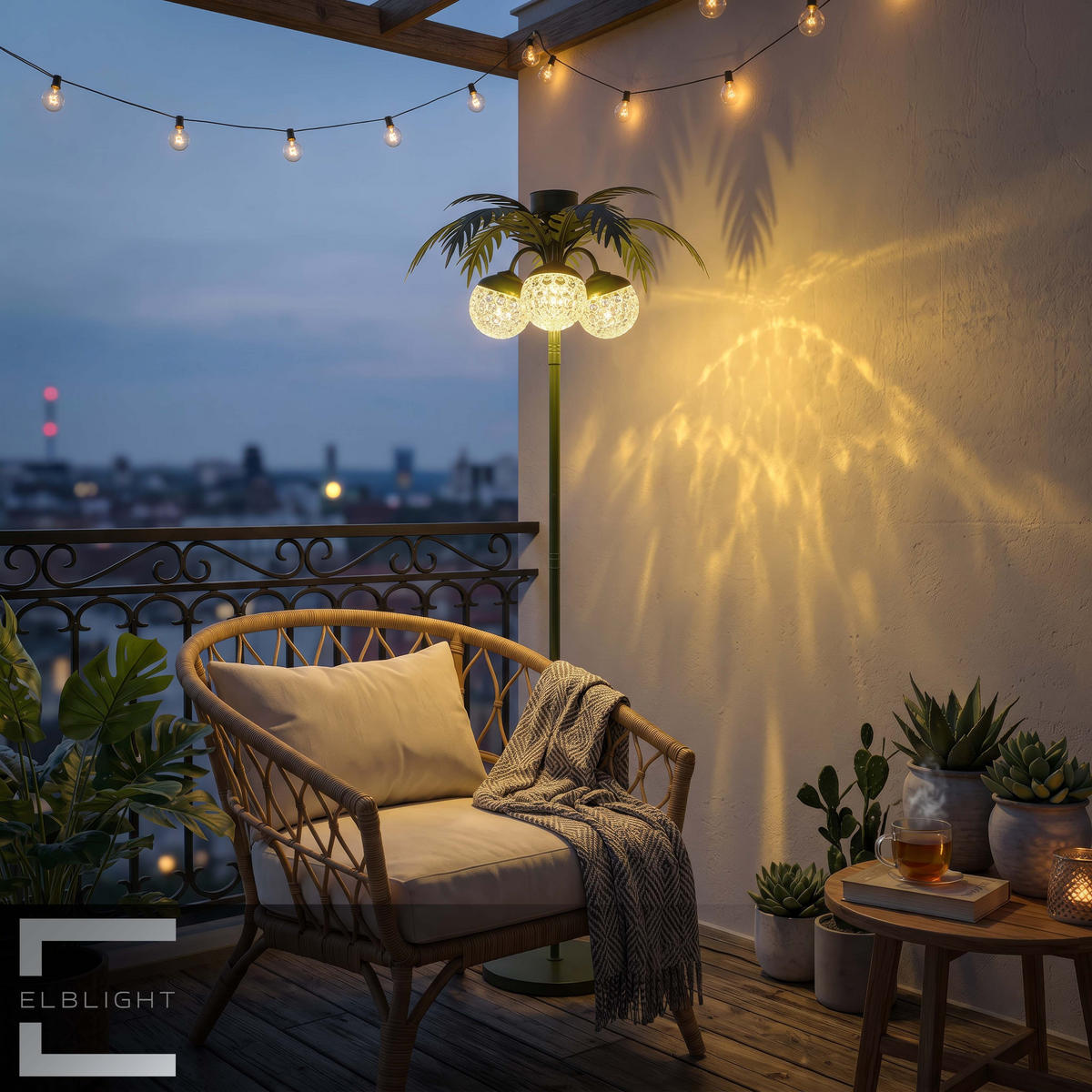 LED-SOLAR-PALME Stehleuchte grün 146 cm Metall - Dunkelgrün, Leder (45/45/146cm) - Elblight.de