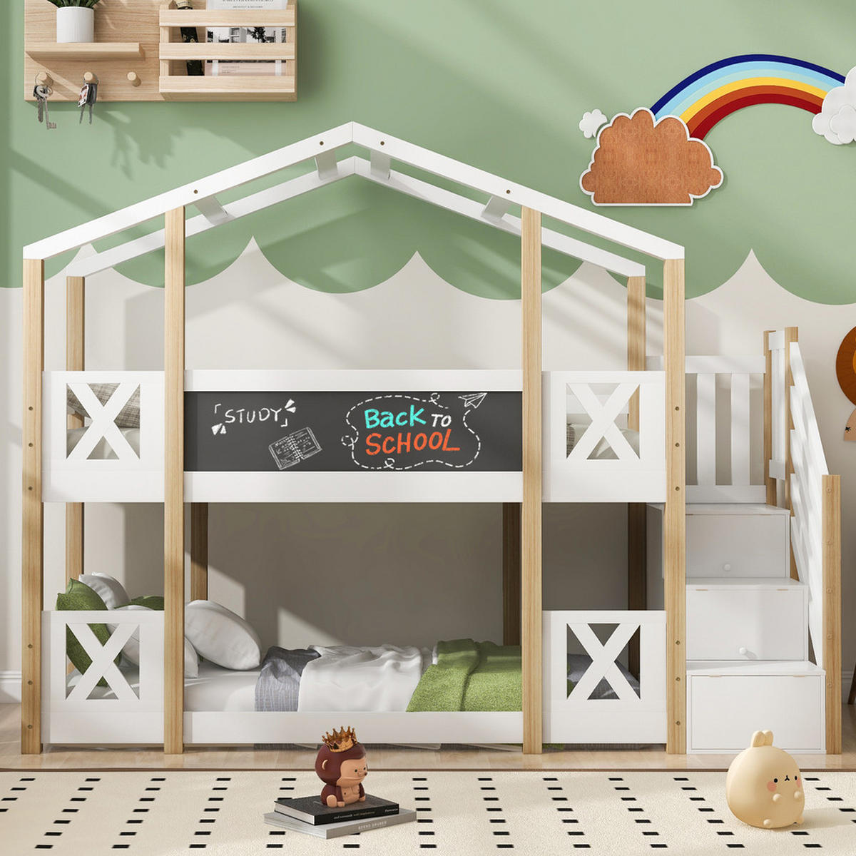 ETAGENBETT 90x200cm Baumhaus mit Treppe Stauraum & Rausfallschutz Weiß - Weiß, Holz - FLIEKS