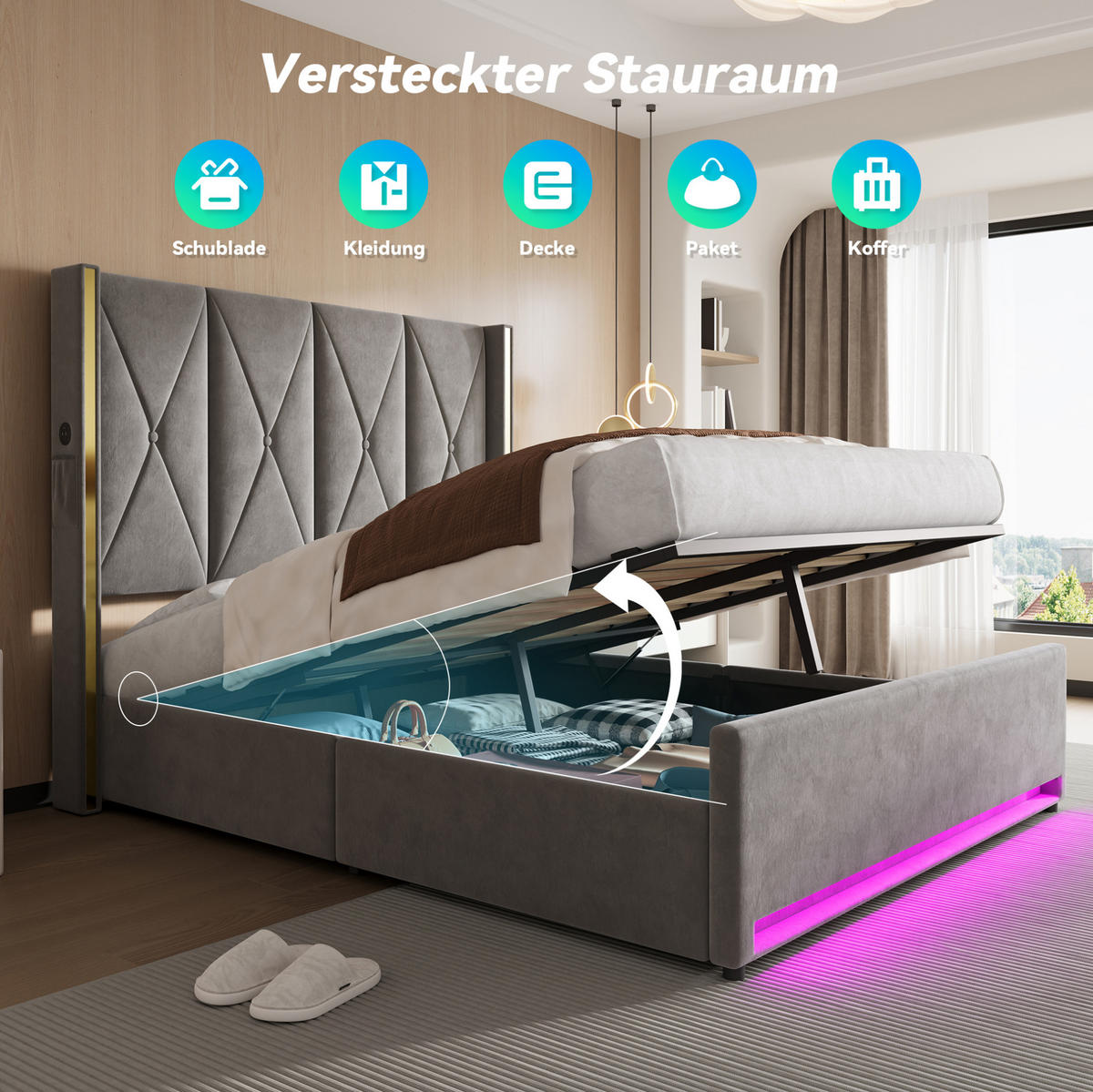 POLSTERBETT 160/200 cm mit LED-Beleuchtung, USB- und Type-C-Anschluss, Bettkasten und Seitentaschen, Dunkelgrau - Dunkelgrau, Textil (160/200cm) - Redom
