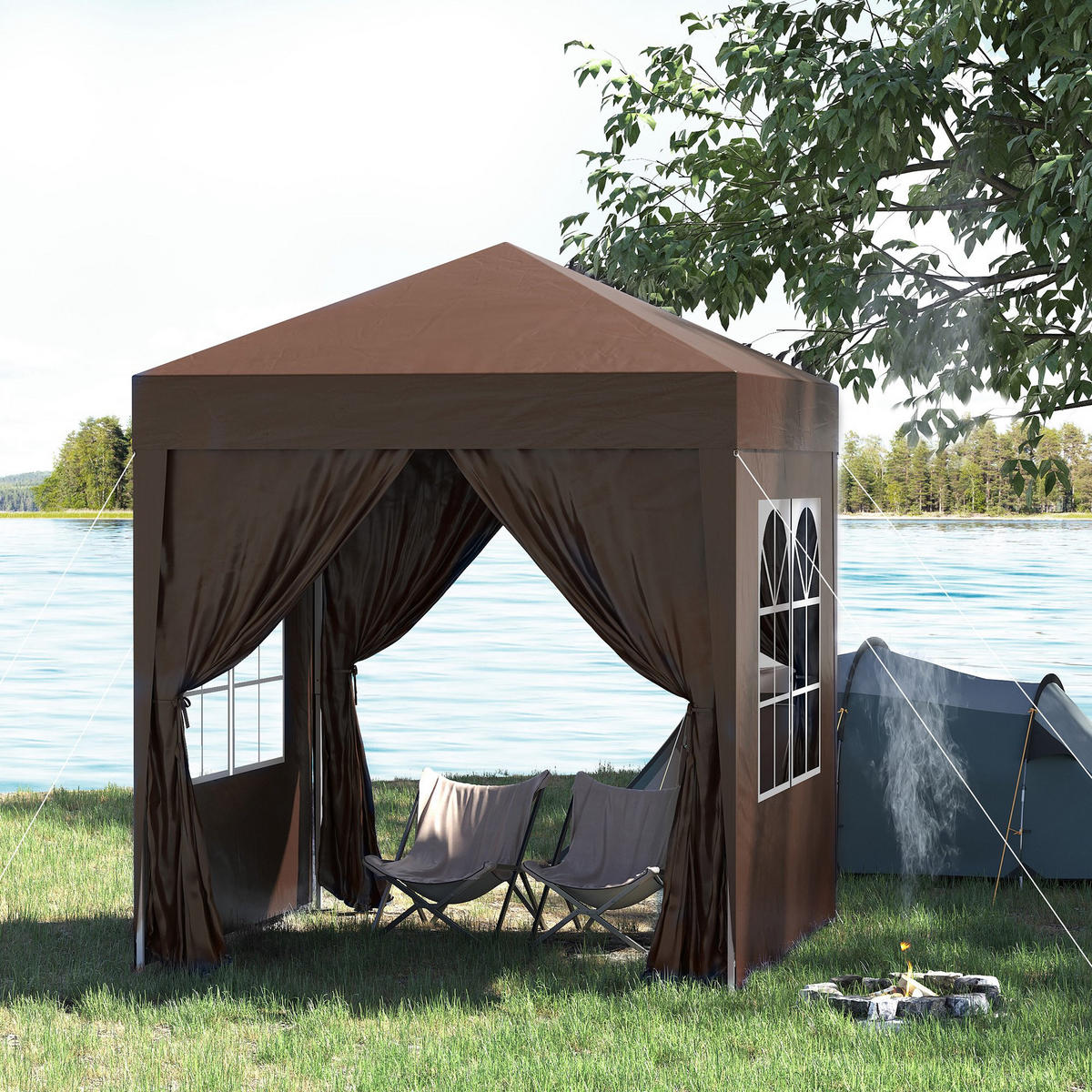 PAVILLON (2 x 2 m) mit 4 abnehmbaren Seitenwänden und Tragetasche,Faltbarer, braun - Braun, Metall (2/2.4/2cm) - Vallsero