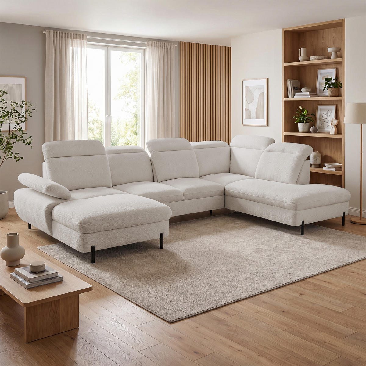 WOHNLANDSCHAFT Sora U mit Schlaffunktion und verstellbarer Sitztiefe, Kopfstützen und Armlehne, 365 cm, Beige, Links - Beige/Schwarz, Textil (365/107/235cm) - Beautysofa