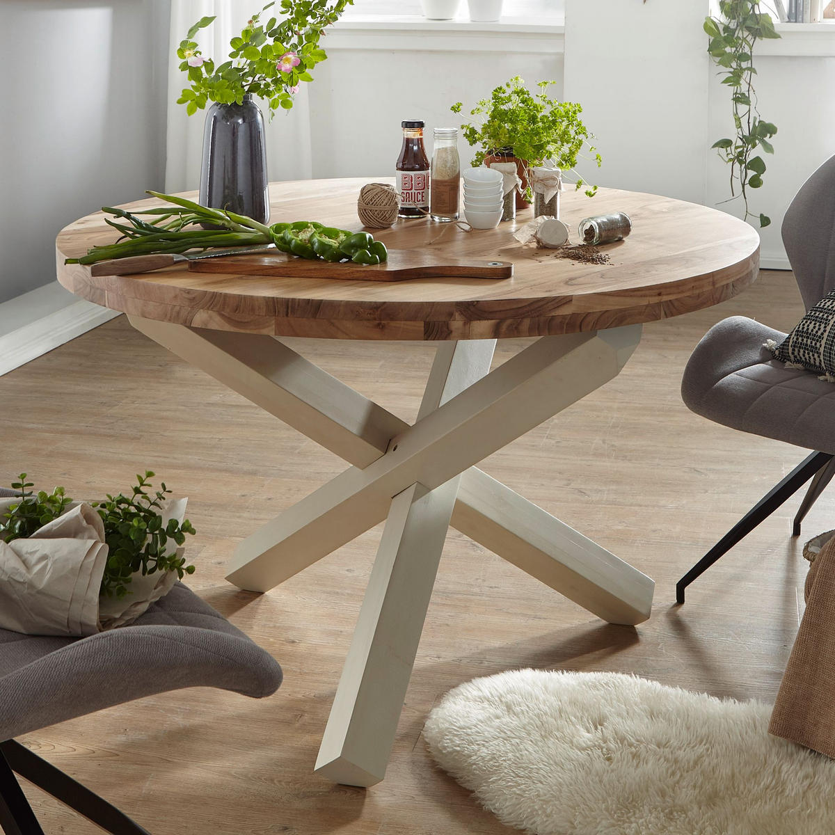 ESSTISCH Massivholz Rund Kreuzbeine Handgefertigt TEKO, Beige 120x120x75 cm - Beige/Weiß, Holz (120/120/75cm) - KADIMA DESIGN