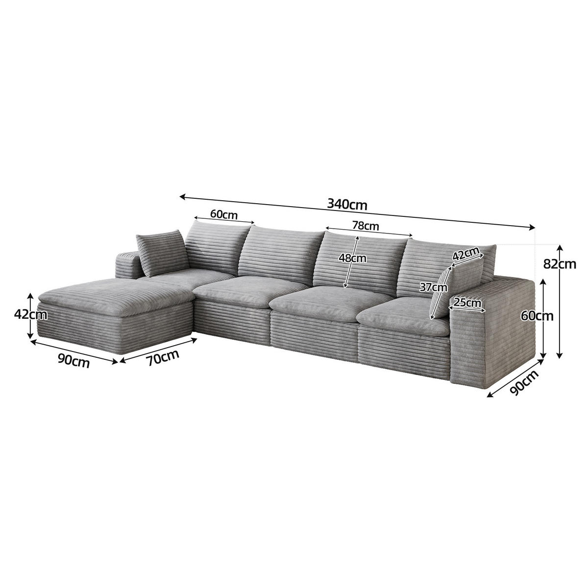ECKSOFA aus Stoff 340 cm Grau modular, mit abnehmbarer Polsterung und Schaumstoffkern - Grau, Textil (340/160cm) - Modfu