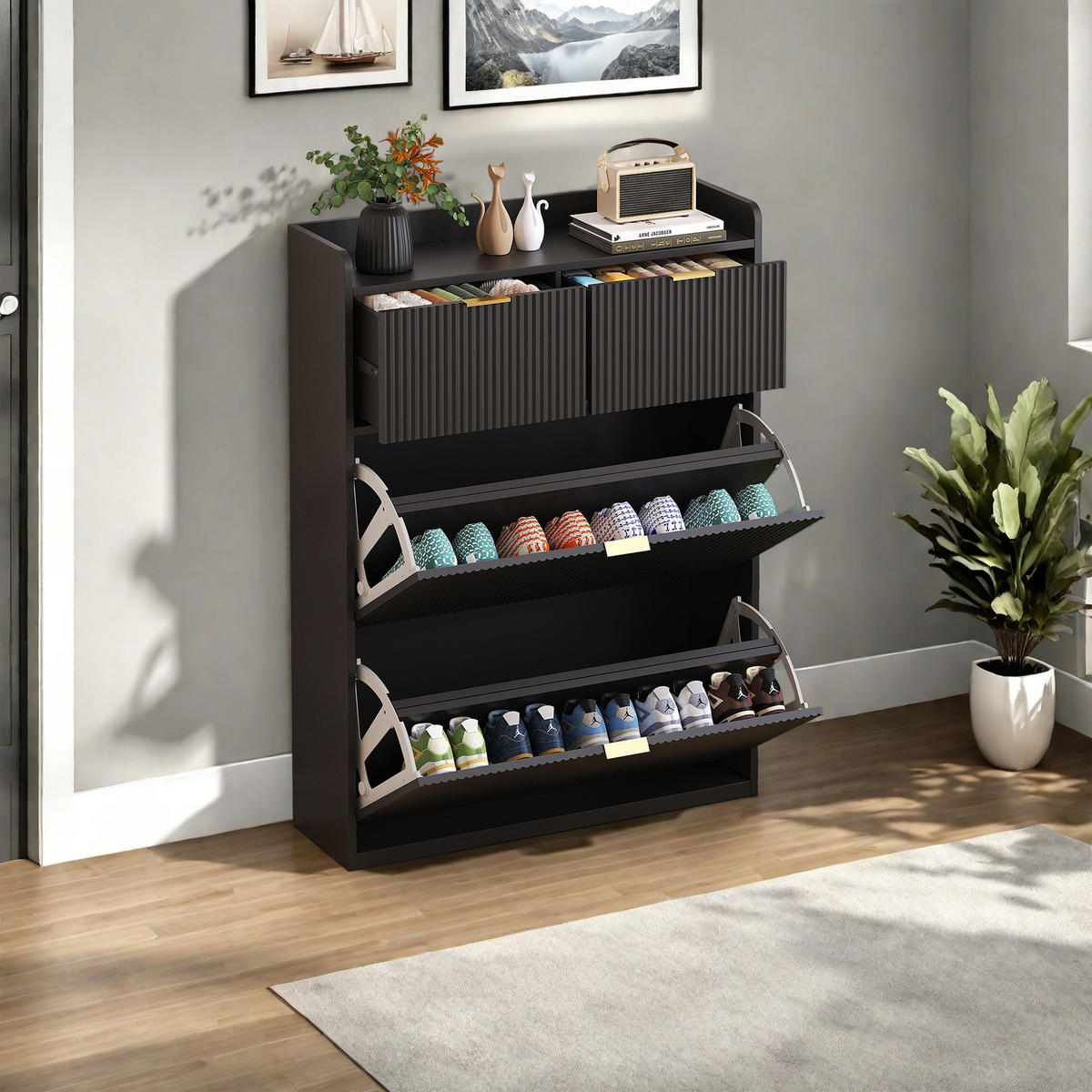 SCHUHSCHRANK mit zwei Schubladen und zwei Klappfächern, schmales Eingangsmöbel, mit Kippschutz, Schwarz - Goldfarben/Schwarz, Holzwerkstoff/Metall (24/110/8cm) - GENKI LIVING