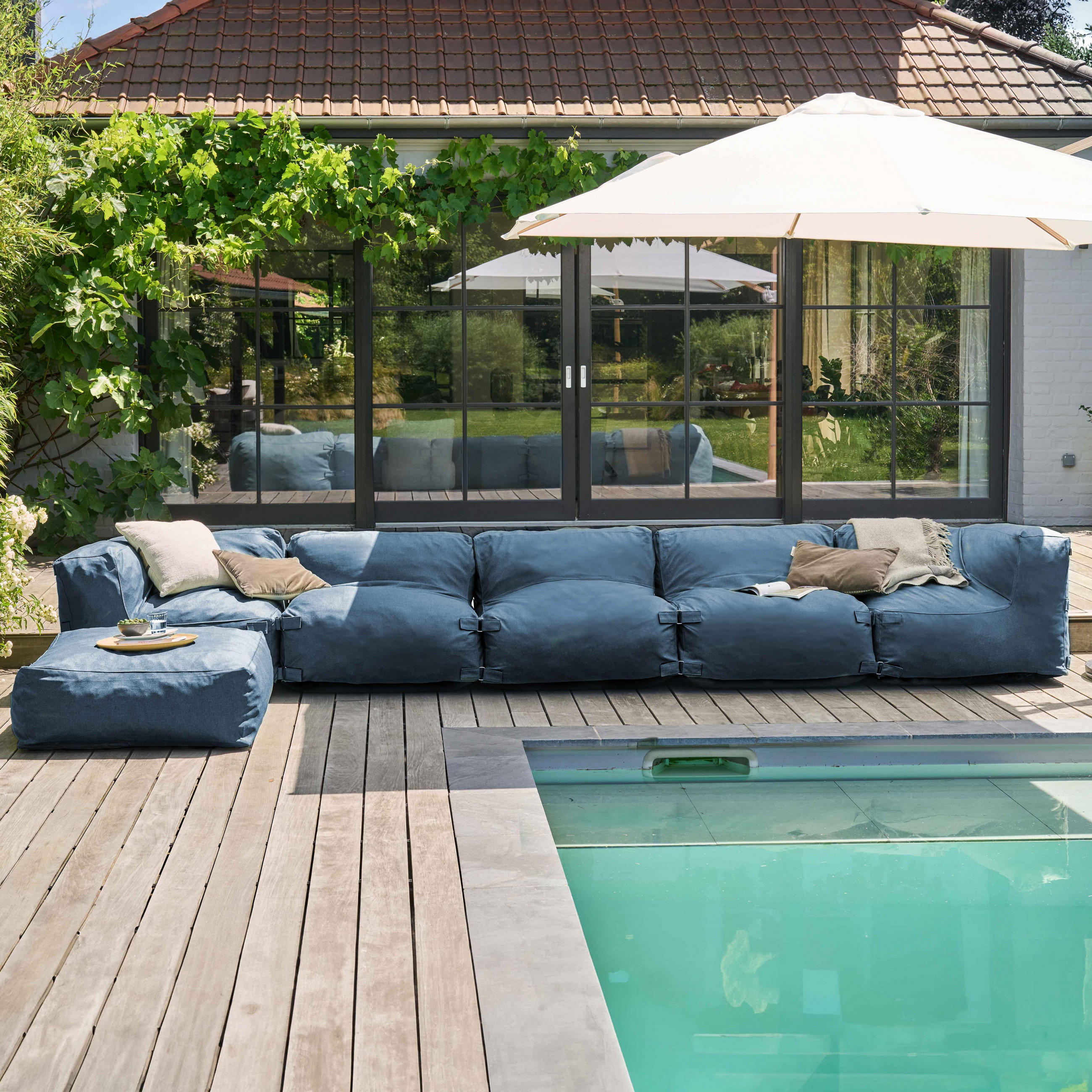 GARTENSOFA mit 6 Sitzplätzen, Pazifikblau - Blau, Textil (85/65/510cm) - Oviala
