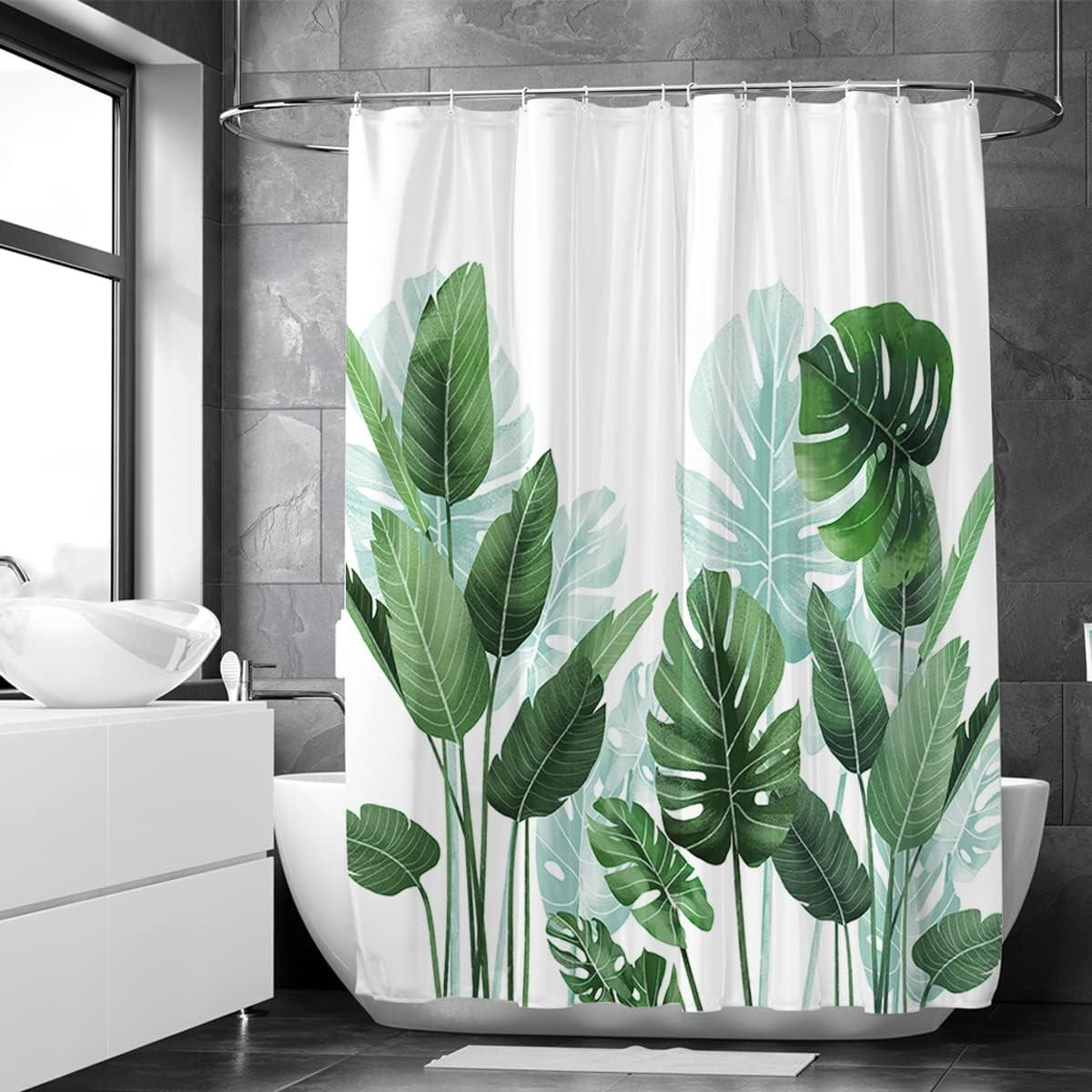 DUSCHVORHANG schimmelresistent Strelitzie Polyester mit Ringen Muster Blätter tropisch - Grün, Textil (180/200cm) - MCBOSON