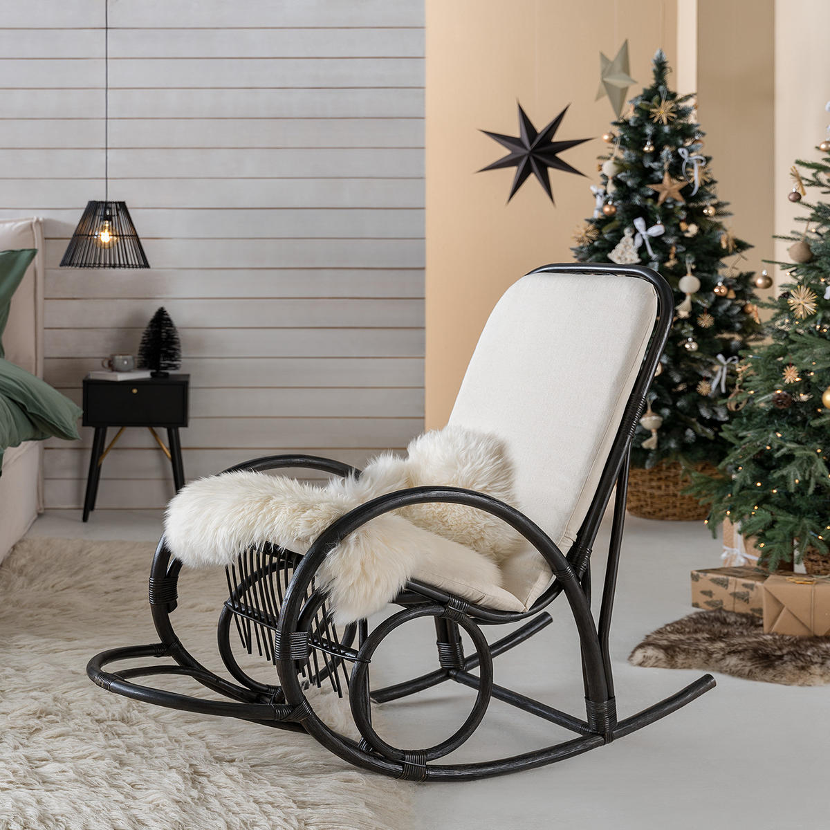SCHAUKELSESSEL - Webstoff / Rattan - Dunkelbraun, Naturmaterialien/Textil (59/113/137cm) - home24