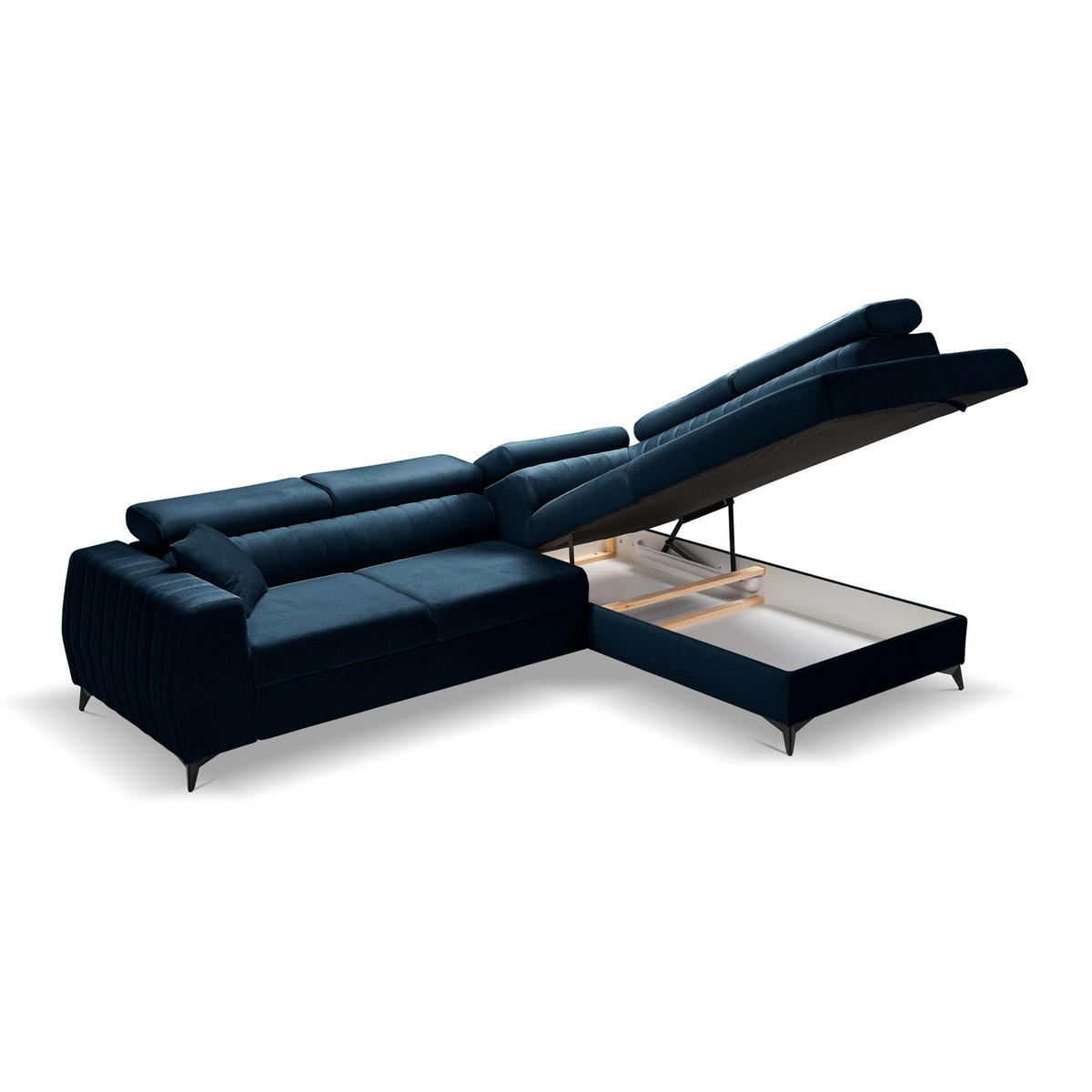 ECKSOFA PIERO L Rechts mit Schlaffunktion 195x125 Velours Dunkelblau - Schwarz/Dunkelblau, Holz/Textil (203/268cm) - Muffo