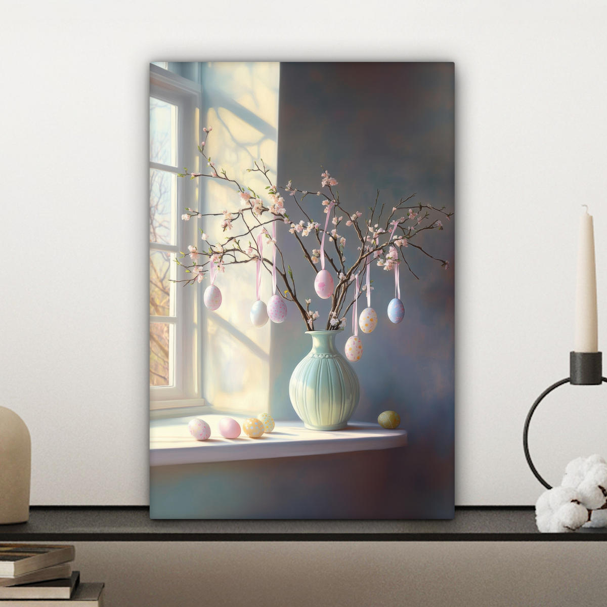 LEINWANDBILD Stillleben - Vase - Osterzweig Deko Wohnzimmer 20x30 cm - Hellblau, Textil (20/30cm) - MuchoWow