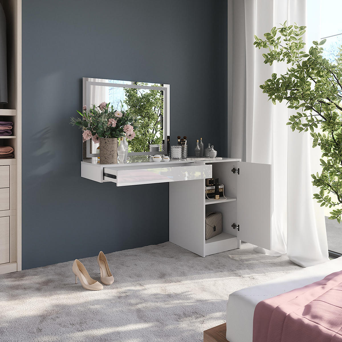 SCHMINKTISCH Sherry Weiß/Weiß Hochglanz 120 cm 3 Teile - Weiß Hochglanz, Holzwerkstoff (120/76/50.1cm) - Vicco