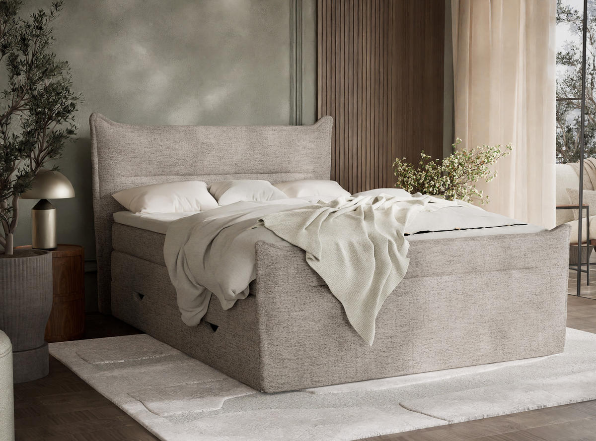 BOXSPRINGBETT Pelino 140/200 cm, in Hellbraun, Bettkasten, Matratze, Topper - Hellbraun/Schwarz, Holz/Holzwerkstoff (140/200cm) - Maison de Reve