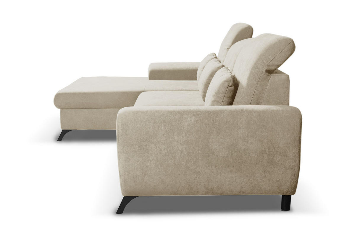 ECKSOFA LUCE L-S Beige Plüsch-Stoff mit Schlaffunktion - Beige, Holz (279/172cm) - MASSENO