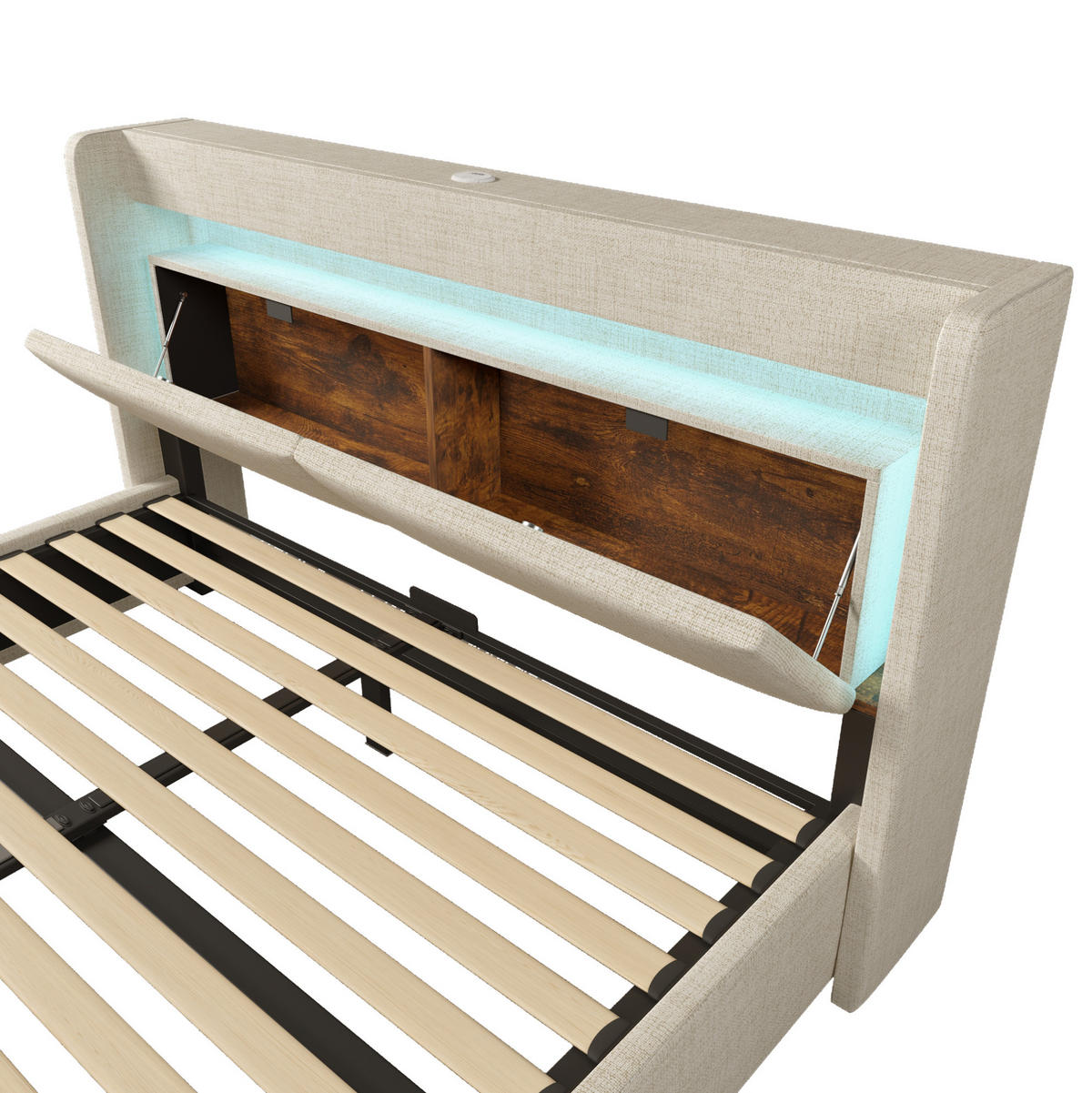 POLSTERBETT 160/200 cm mit Bettkasten, LED und USB-Anschluss, Beige - Beige, Textil (160/200cm) - BEAOK
