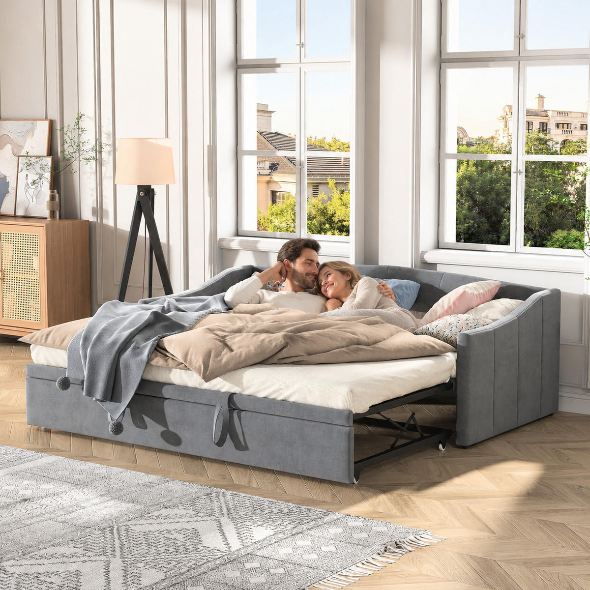 SCHLAFSOFA , veloursbezogen, 3-fach umwandelbar, mit Ausziehfunktion und Stauraum grau - Grau, Metall (190/74.5/210cm) - Joyfair
