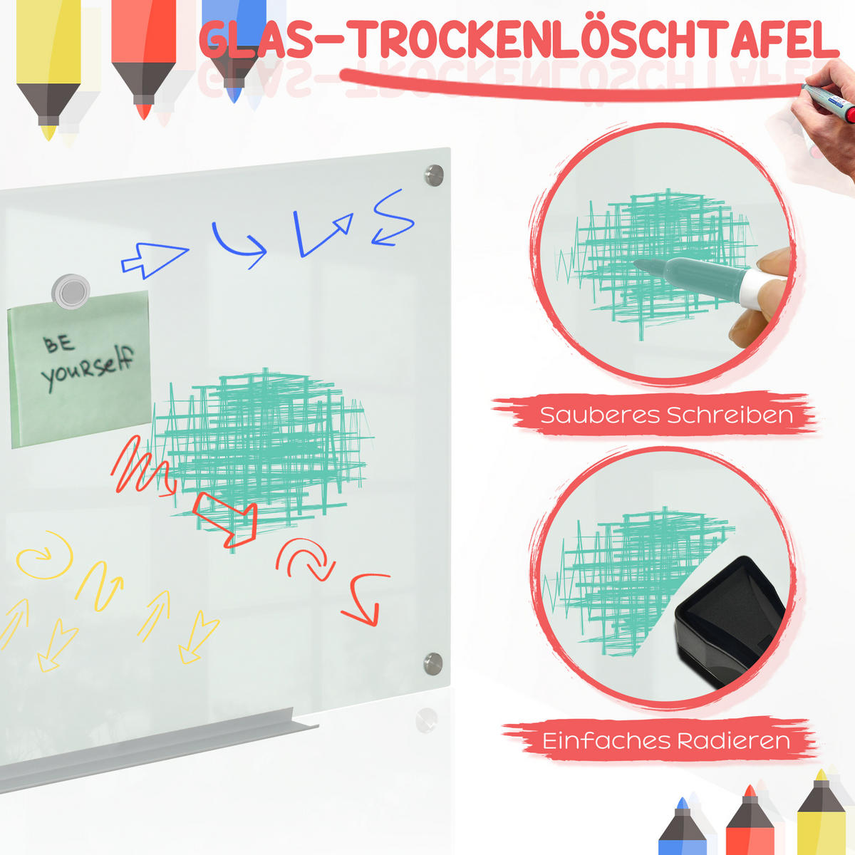 MAGNETTAFEL mit 4 Stifte, 6 Magnete, 1 Schwamm,1 Ablage, abwischbar, 90 x 60 cm - Weiß, Kunststoff (60/2.8/90cm) - Vinsetto