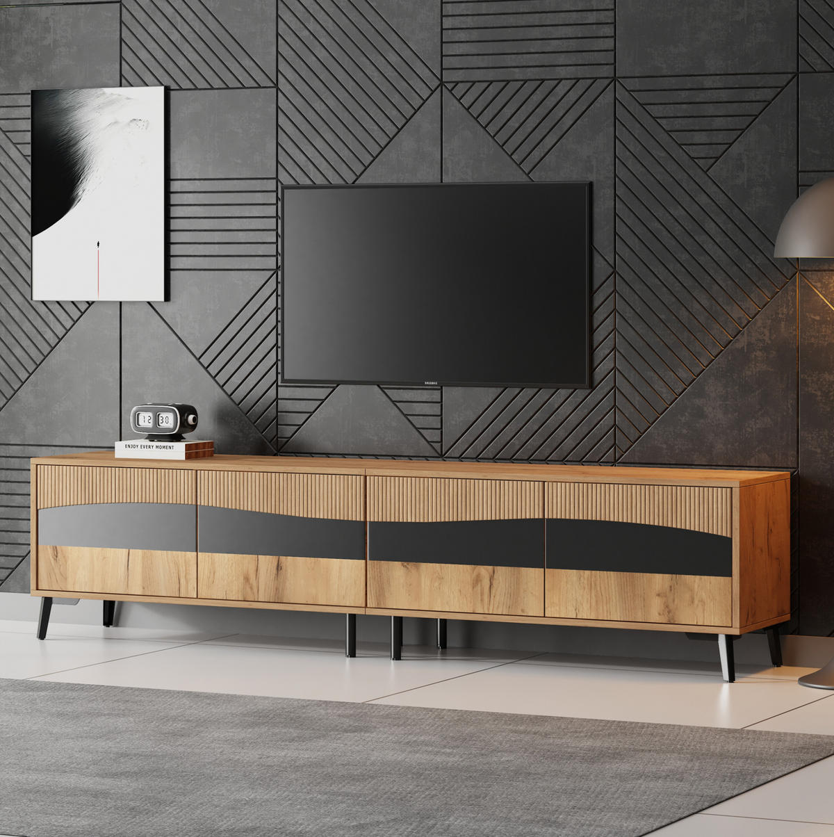 TV-LOWBOARD aus Spanplatte 180x40x50 cm Naturfarben/Schwarz mit 4 Türen, 4 Fächern und symmetrischem Design - Naturfarben, Holzwerkstoff (180/50/40cm) - Modfu