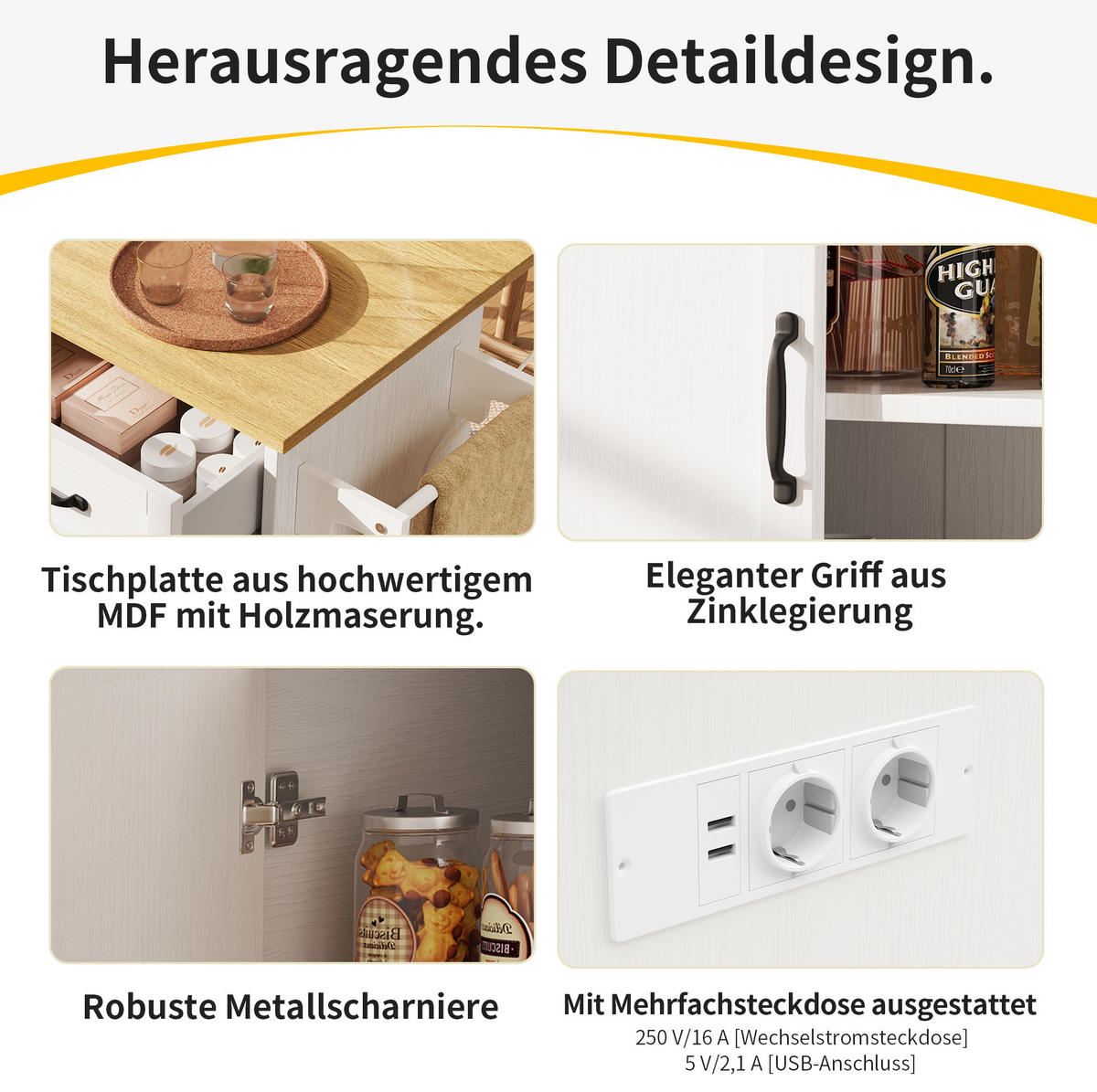 KÜCHENINSEL 131,5/43/90,7 cm weiß natur mit Steckdosenleiste und Klappplatte - Weiß, Holzwerkstoff (131.5/90.7/43cm) - OKWISH