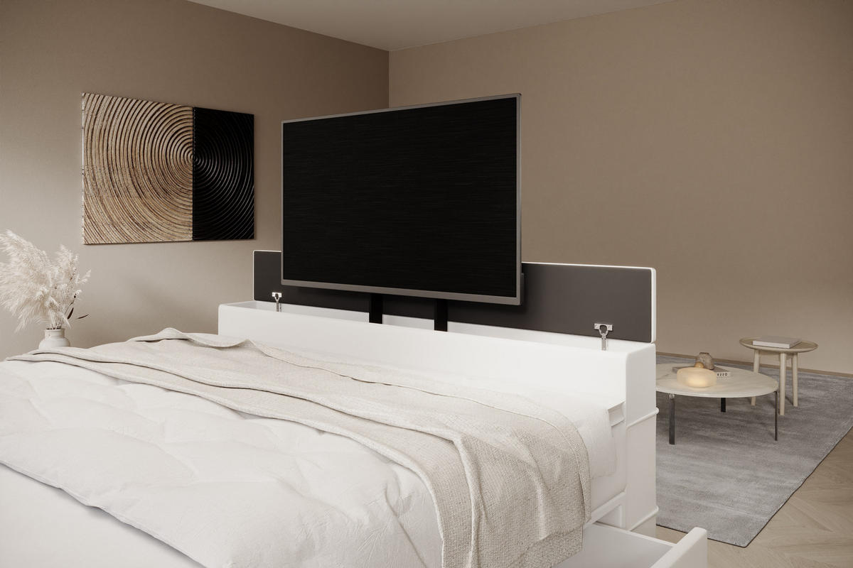 BOXSPRINGBETT Arosa TV mit Schubladen und Topper, TV-Lift, LED Beleuchtung, Kunstleder, 180x200 cm, Weiß - Weiß, Holz - PROMETO Möbel