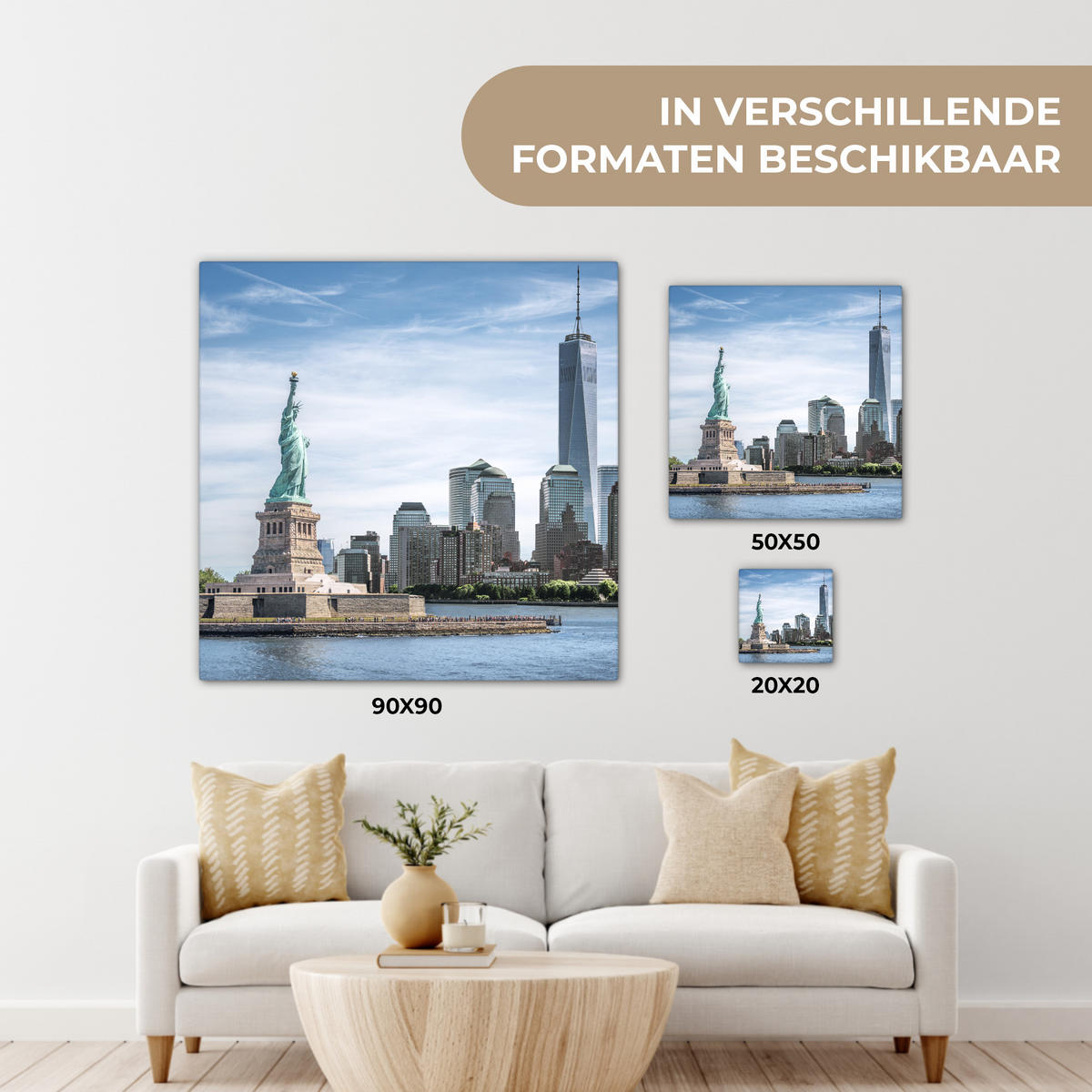 LEINWANDBILD New York - Freiheitsstatue - Wasser Deko Groß 90x90 cm - Hellblau, Textil (90/90cm) - MuchoWow