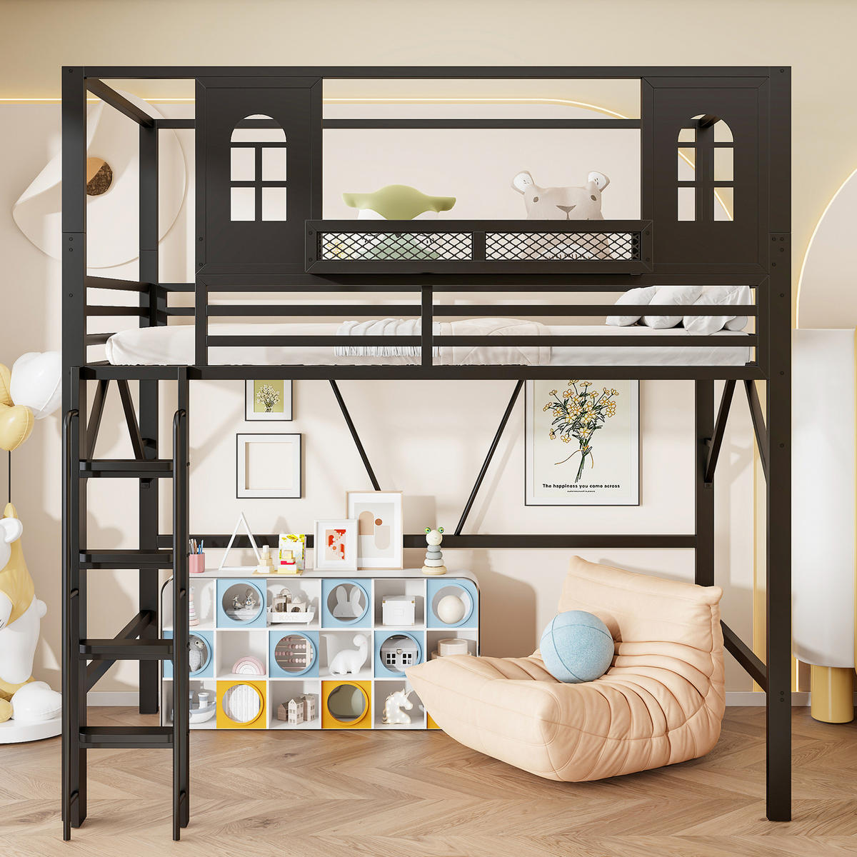 HOCHBETT aus Metall und MDF 90x200 cm Schwarz mit Dachdesign, Leiter und Ablagefach - Schwarz, Metall (90/200cm) - Modfu