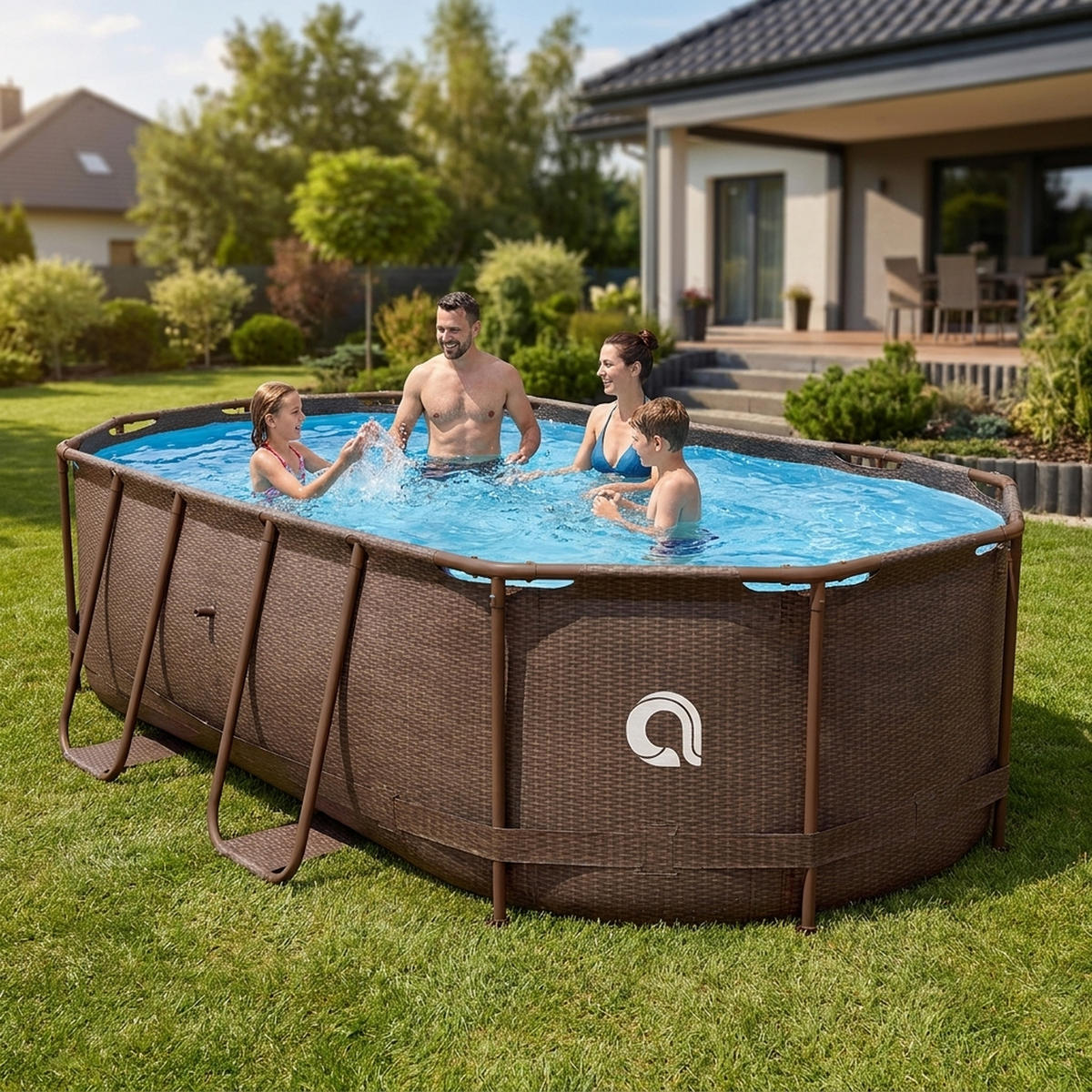 POOL Komplettset Framepool oval 427x275x100 cm rattan-braun mit Filterpumpe - Braun, Kunststoff/Metall (275/100/427cm) - Avenli