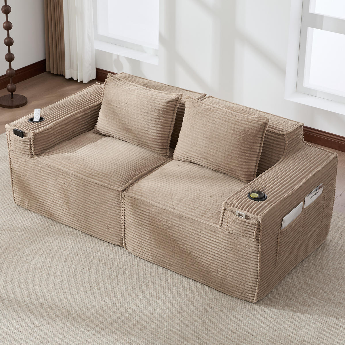 2-SITZER-SOFA DE-33835 modular mit Getränkehaltern Khaki - Sandfarben, Textil (188/75/90cm) - ComfortXL