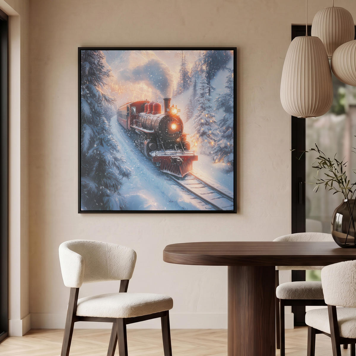 LEINWAND Bilder mit Rahmen - Weihnachtszug - Schnee - Winter - Weihnachten - 90x90 - Dunkelrot, Textil (90/90cm) - MuchoWow