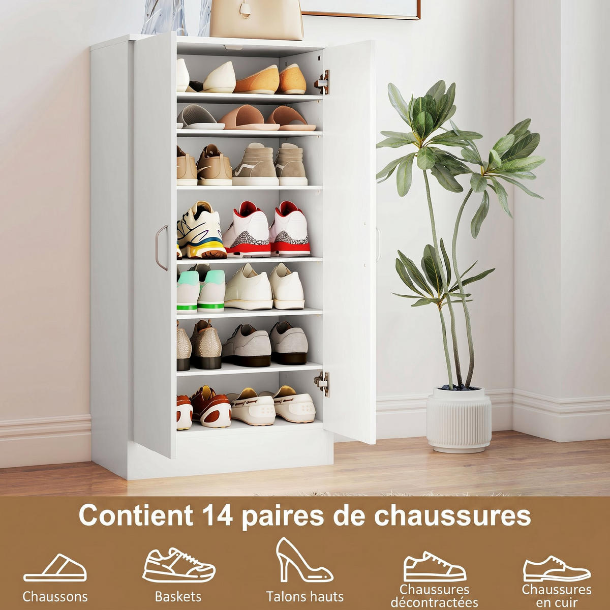SCHUHSCHRANK DE-15100 7 Ebenen, für 14 Paar Schuhe Weiß - Weiß, Holzwerkstoff (55/108/35cm) - ComfortXL
