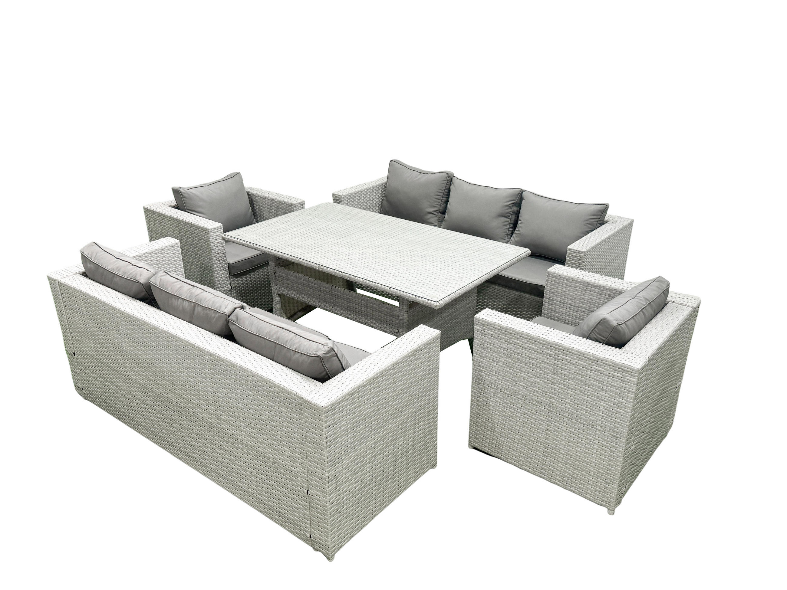 GARTENMÖBEL SET mit 3-Sitzer-Sofa und 2 Stühle, Esstisch Polyrattan Hellgrau 8-Sitzer - Hellgrau/Grau, Glas/Kunststoff - Fimous