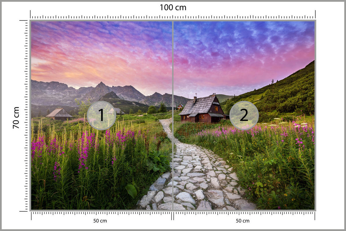 FOTOTAPETE für Schlafzimmer Berglandschaft Holzchalet Natur 100x70 - Beige/Violett, Papier (100/70cm) - Muralo