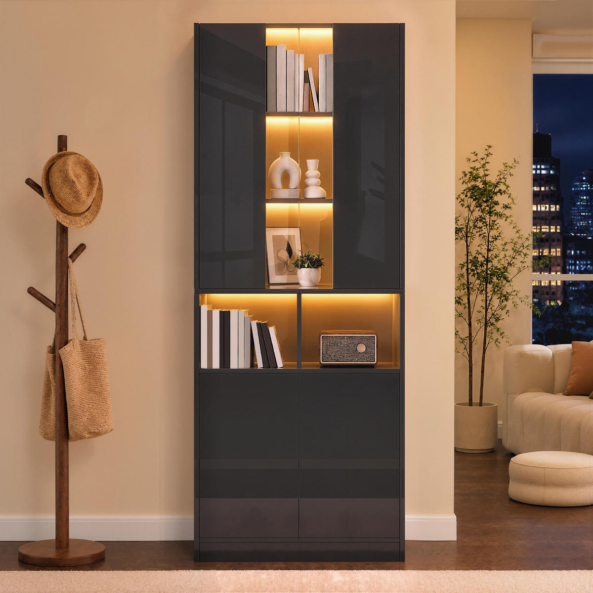 HOCHSCHRANK mit Acrylglas, LED und 2 Türen - Schwarz, Holzwerkstoff (70/180/35cm) - FLIEKS