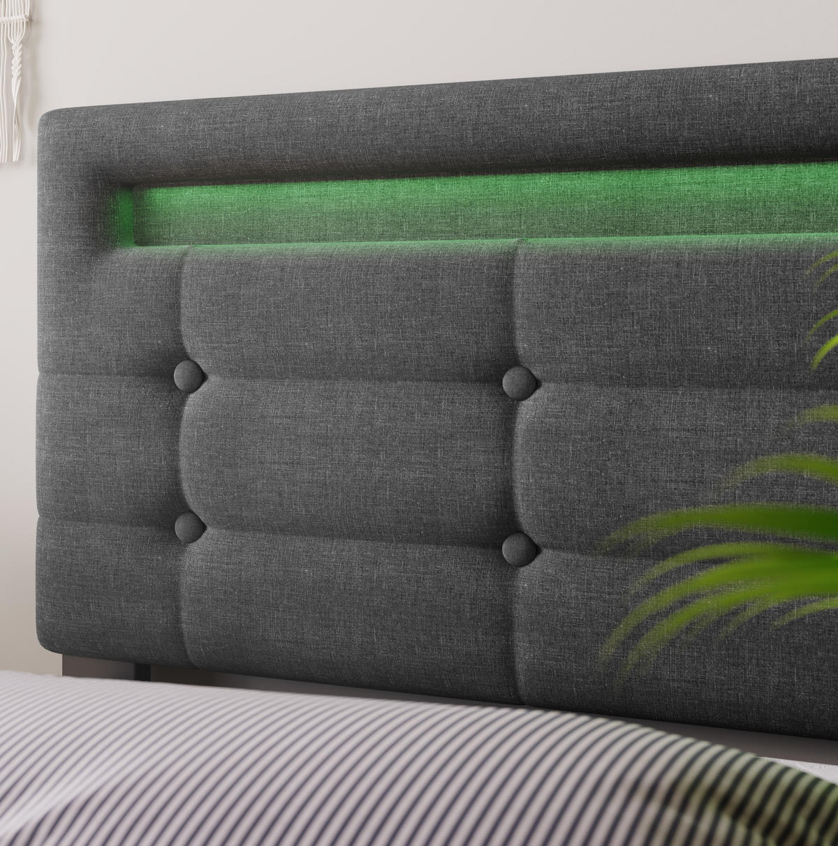POLSTERBETT 90/200 cm Grau aus Leinen mit LED-Beleuchtung und 2 Schubladen - Grau, Textil (90/200cm) - OKMYHOME
