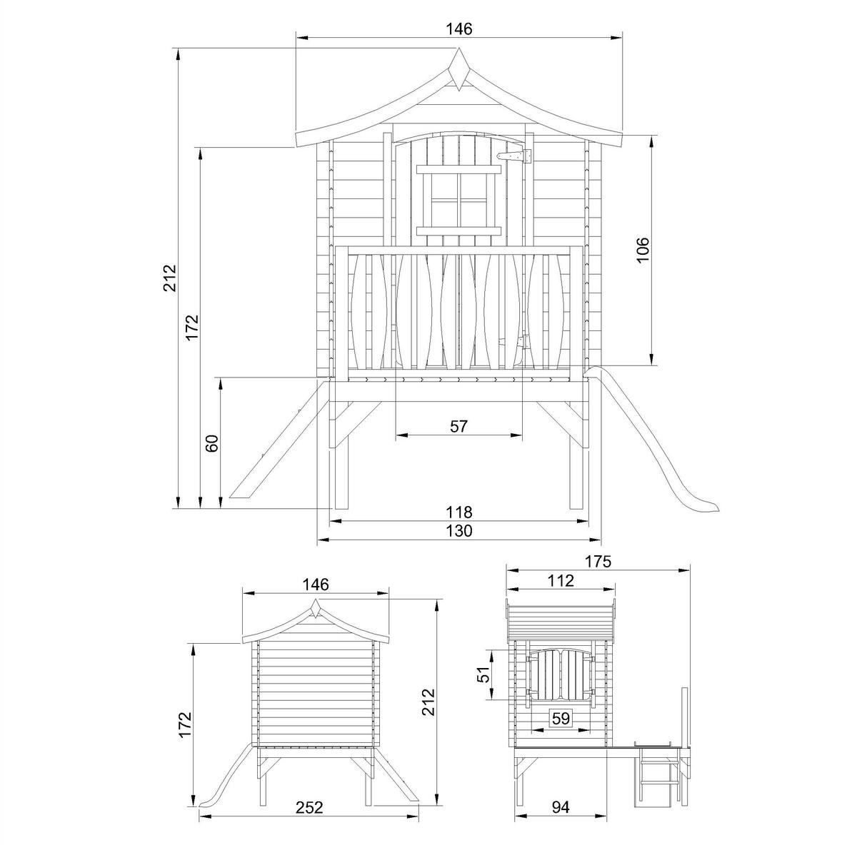 STELZENHAUS mit rutsche aus Holz - B175xL146xH212 cm/1,1m2 - M550A - Beige, Holz (146/212/112cm) - Timbela