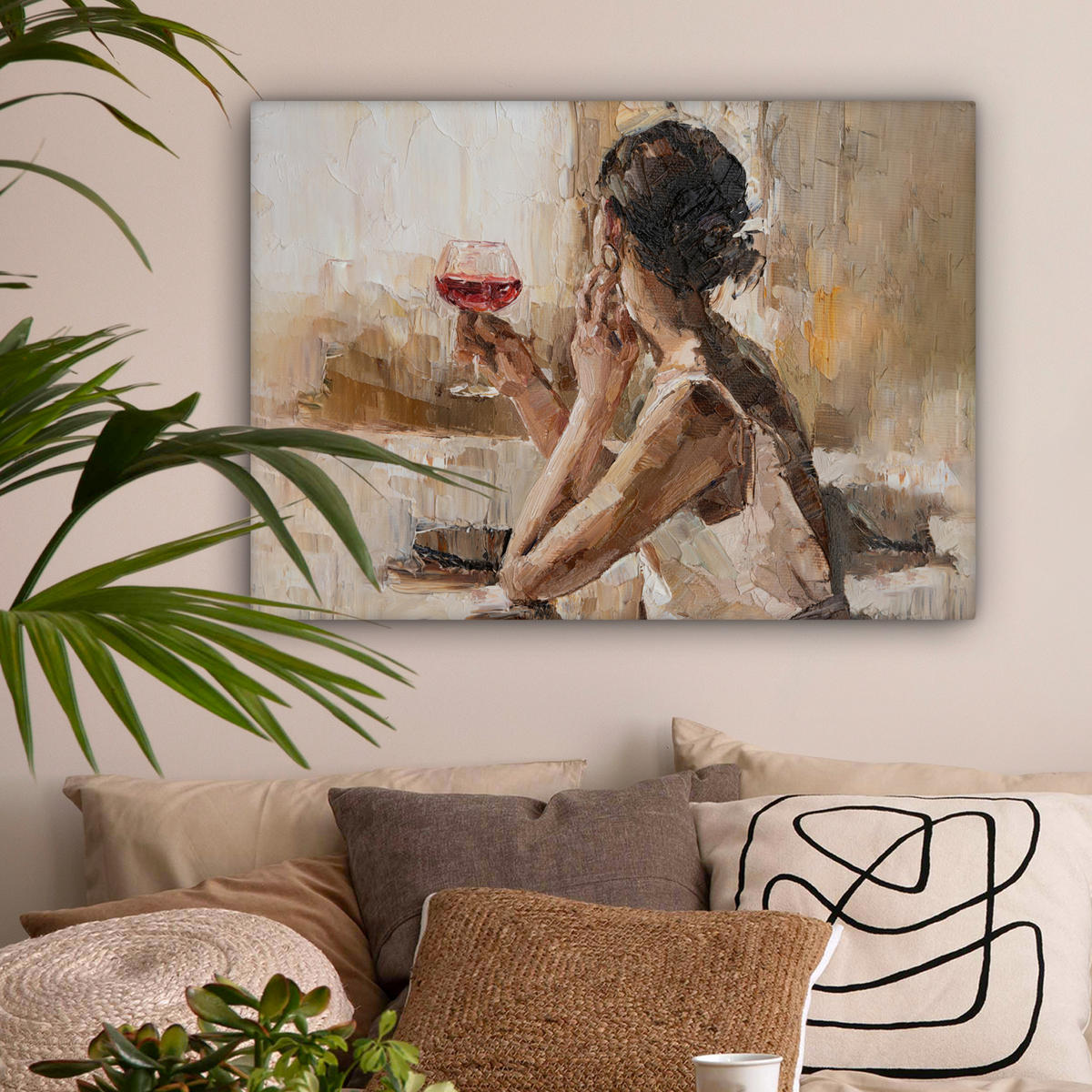 LEINWANDBILD Ölgemälde - Frau - Wein Wandbilder 80x60 cm - Hellbraun, Textil (80/60cm) - MuchoWow