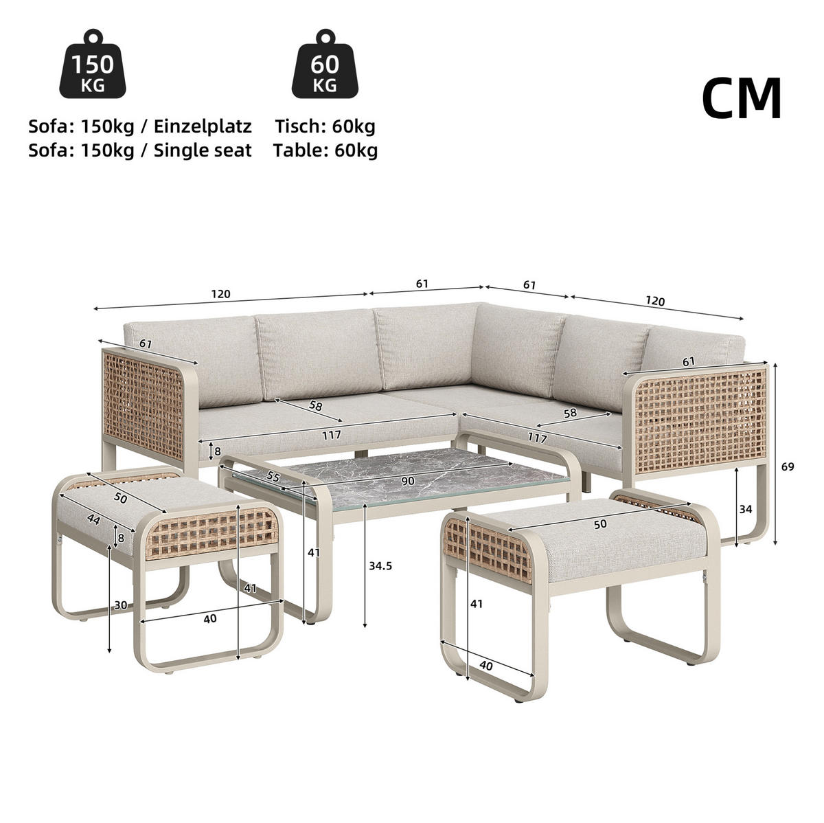 GARTENMÖBEL 120x61x69cm beige aus Rattan und Metall, mit Kissen - Beige, Metall - Modfu