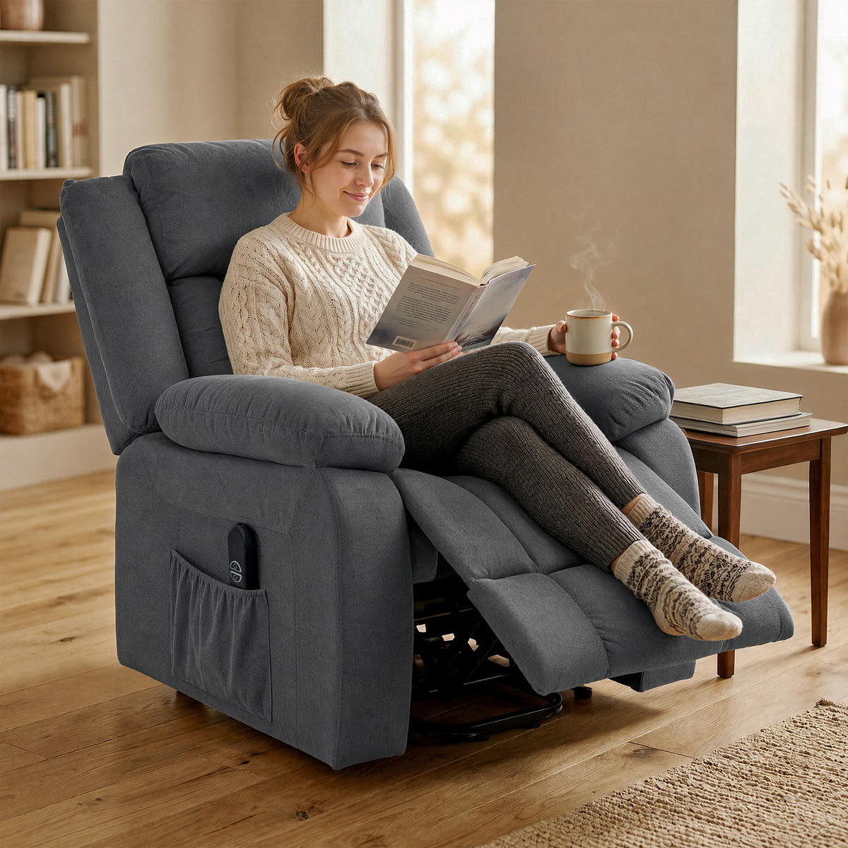 RECLINERFÅTÖLJ med uppresningshjälp, polyester och stål, grå - Grå, Trä/Textil (92/105/94cm) - HOMCOM