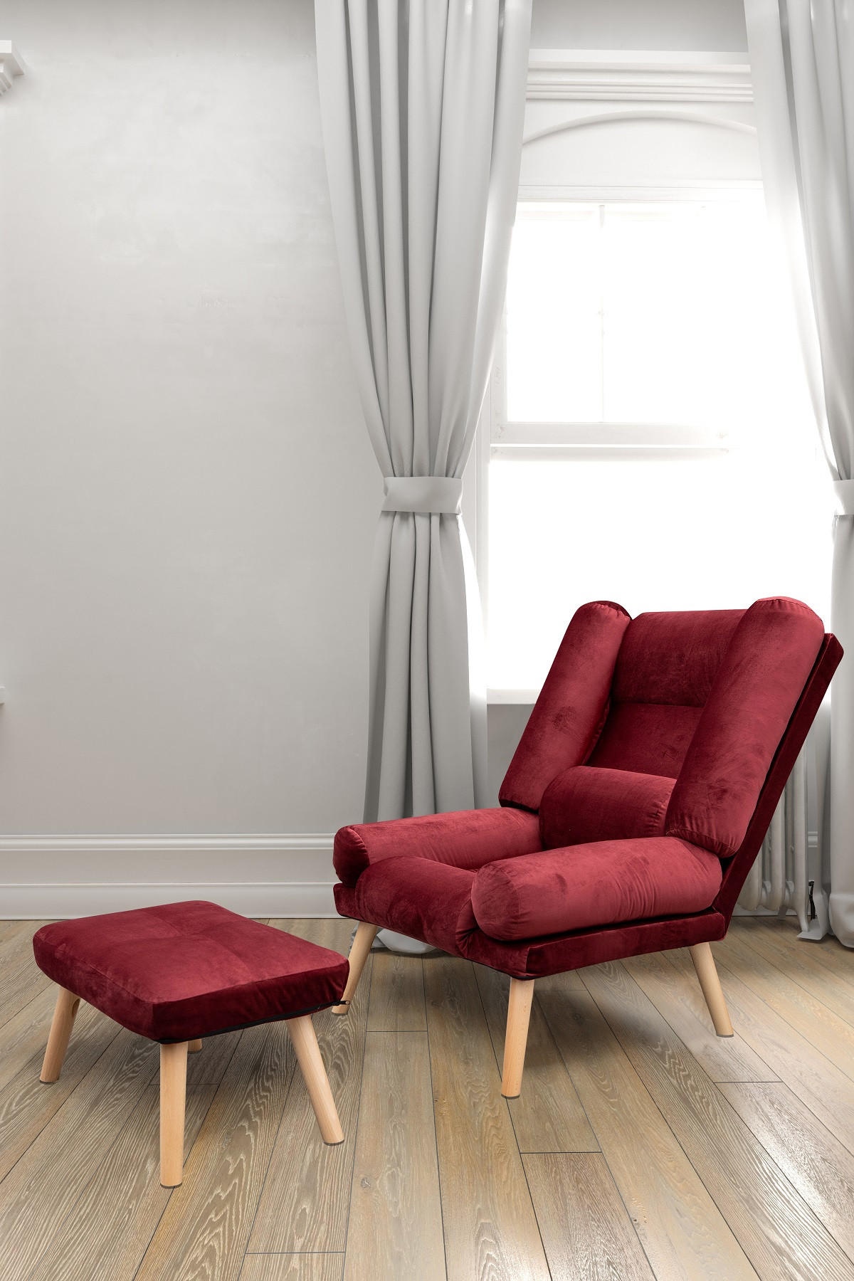 SESSEL Lola mit Fußhocker Rückenlehne 5-stufig einstellbar, weinrot - Dunkelrot, Holz/Kunststoff (75/100/60cm) - Margaret Hadas24
