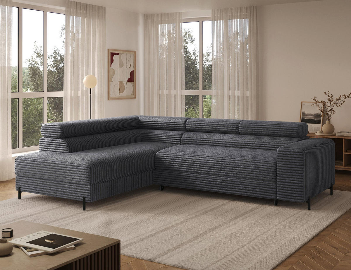 ECKSOFA COLESIO L-Form, Schlaffunktion, Bettkasten, verstellbare Kopfstützen, Wellenfederung, Metallfüße, breiter Cordstoff - Anthrazit/Schwarz, Kunststoff/Metall (269/204cm) - Wohnideebilder