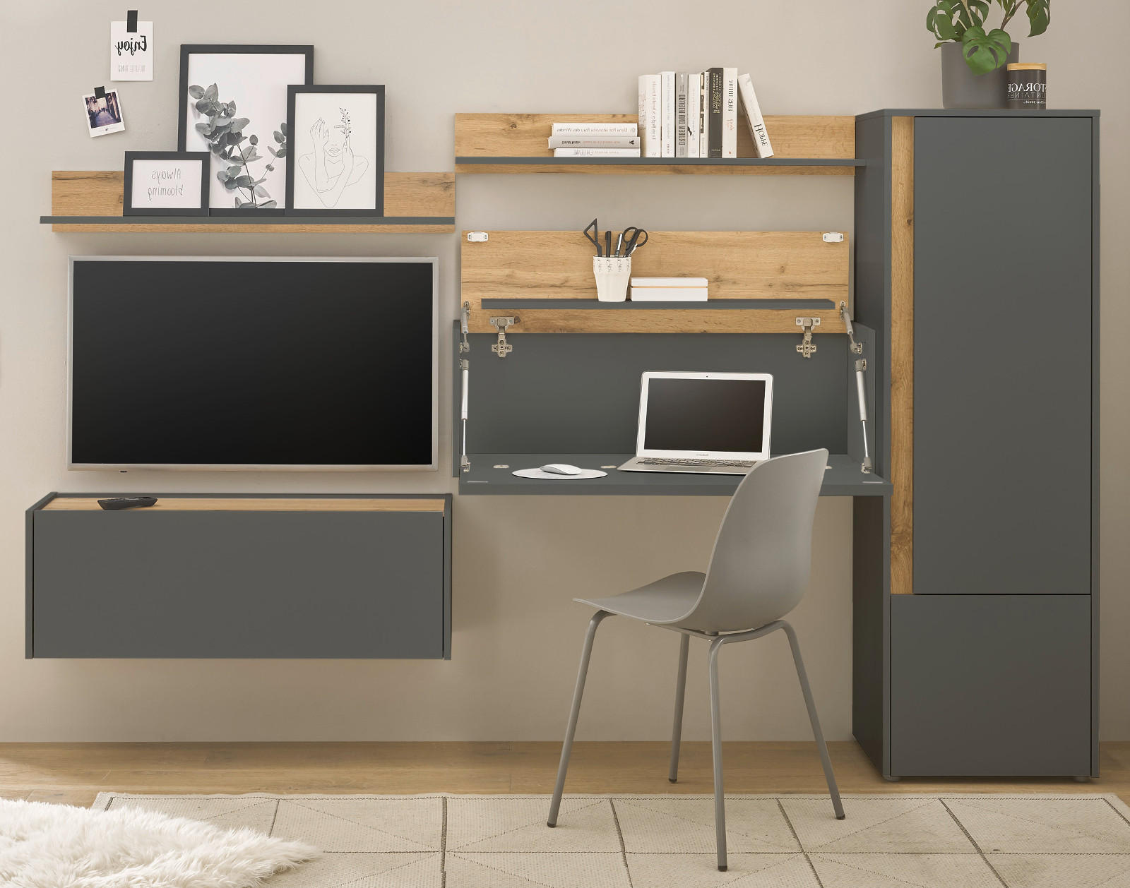WOHNWAND grau matt, Eiche Wotan 5-teilig 250 cm, Wohnkombination mit Sekretär - Grau, Holzwerkstoff/Kunststoff (250/158/40cm) - Furn.Design