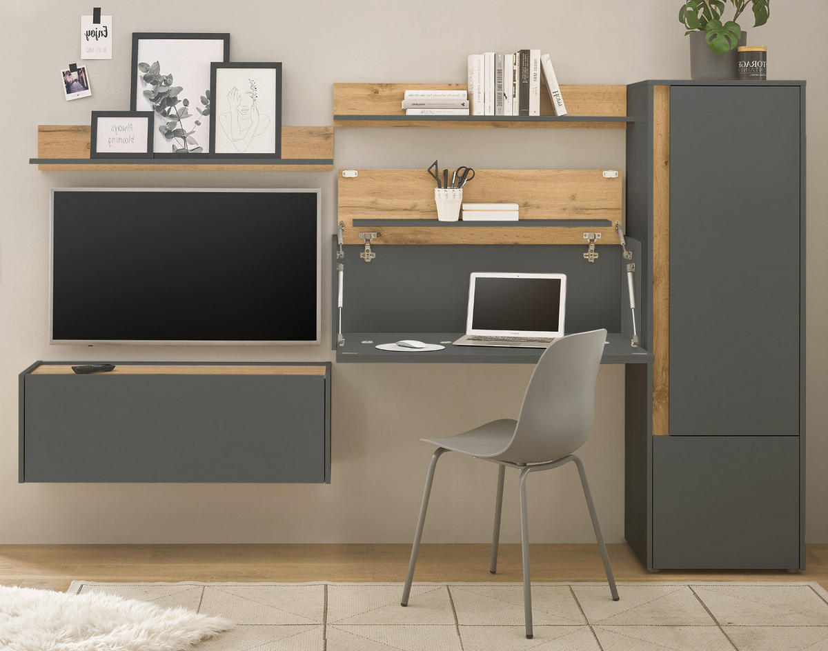WOHNWAND grau matt, Eiche Wotan 5-teilig 250 cm, Wohnkombination mit Sekretär - Grau, Holzwerkstoff/Kunststoff (250/158/40cm) - Furn.Design
