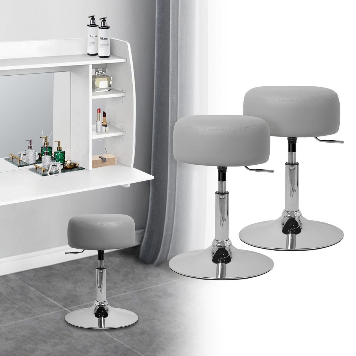 SCHMINKHOCKER 2er Set Ø33 cm Hellgrau aus Kunstleder-Stahl - Silberfarben/Hellgrau, Metall (33/65/38.5cm) - ML-DESIGN
