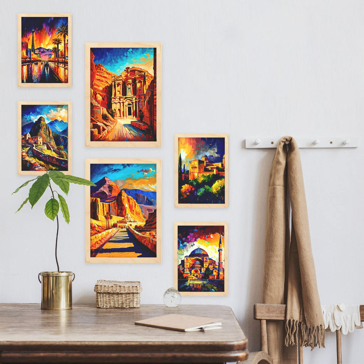 POSTER Set Mit 6 Erde Im Ölgemälde Stil A3 & A4 Rahmen Aus Hellem Holz - Beige, Papier (29/3cm) - Nacnic