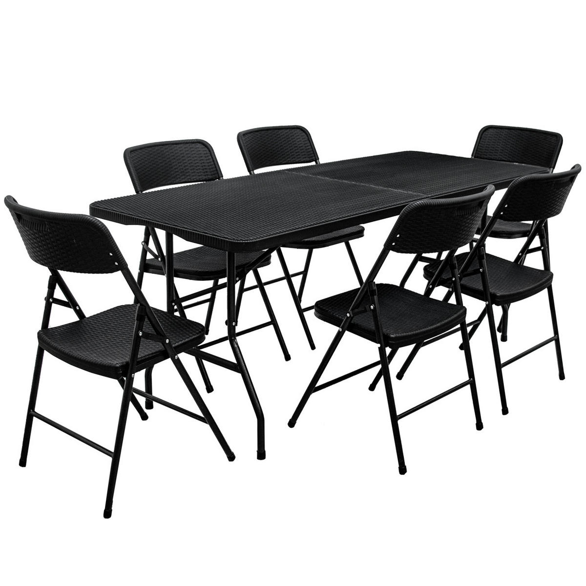 GARTEN-SITZGRUPPE für 6 Personen, 180/74cm, Rattan - Schwarz, Kunststoff - Amanka