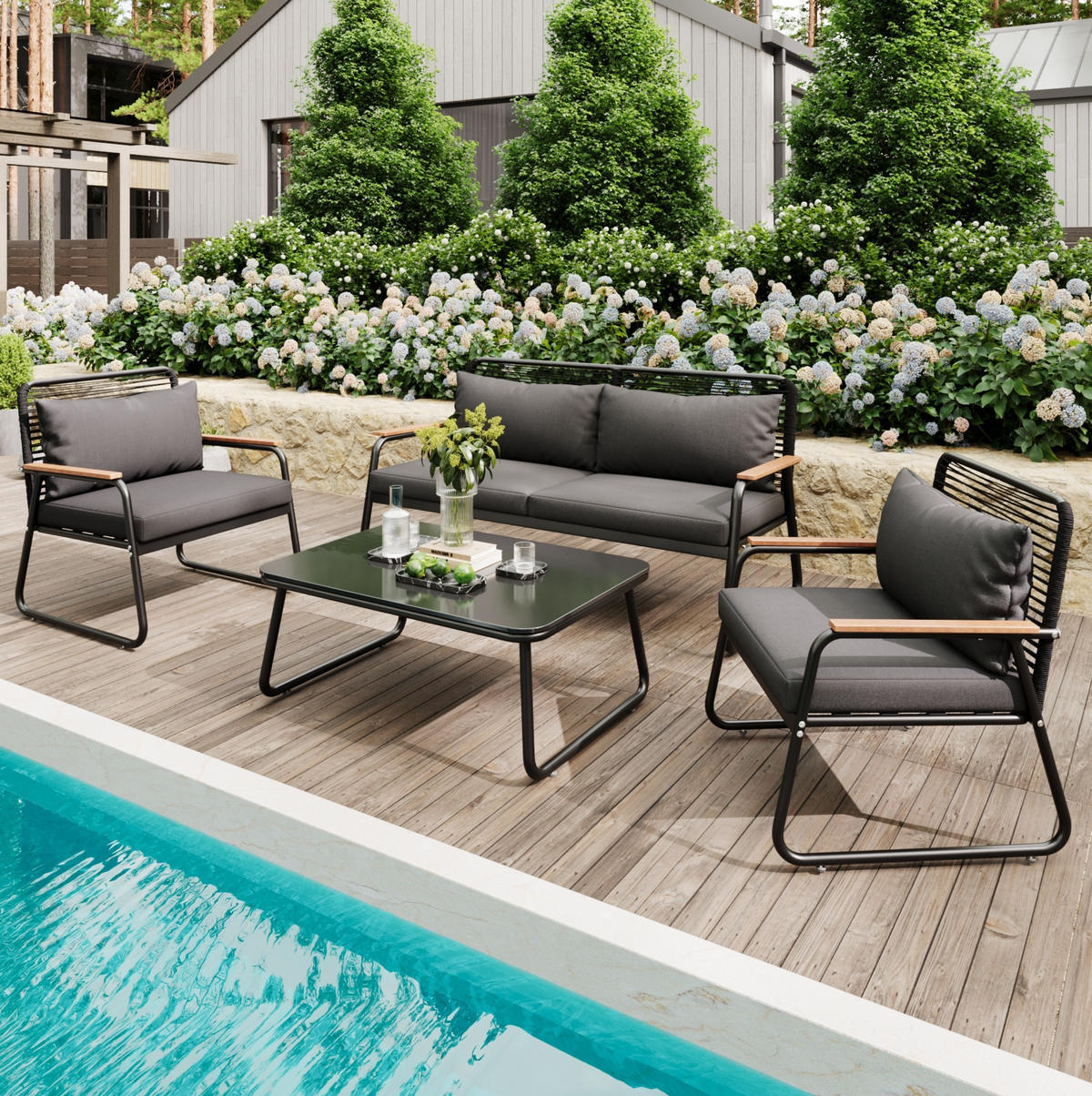 GARTEN-LOUNGE-SET mit Metallgestell & Glastisch, 118/65/78 cm + 2/ 63/65/78 cm, Schwarz - Schwarz, Metall - Redom