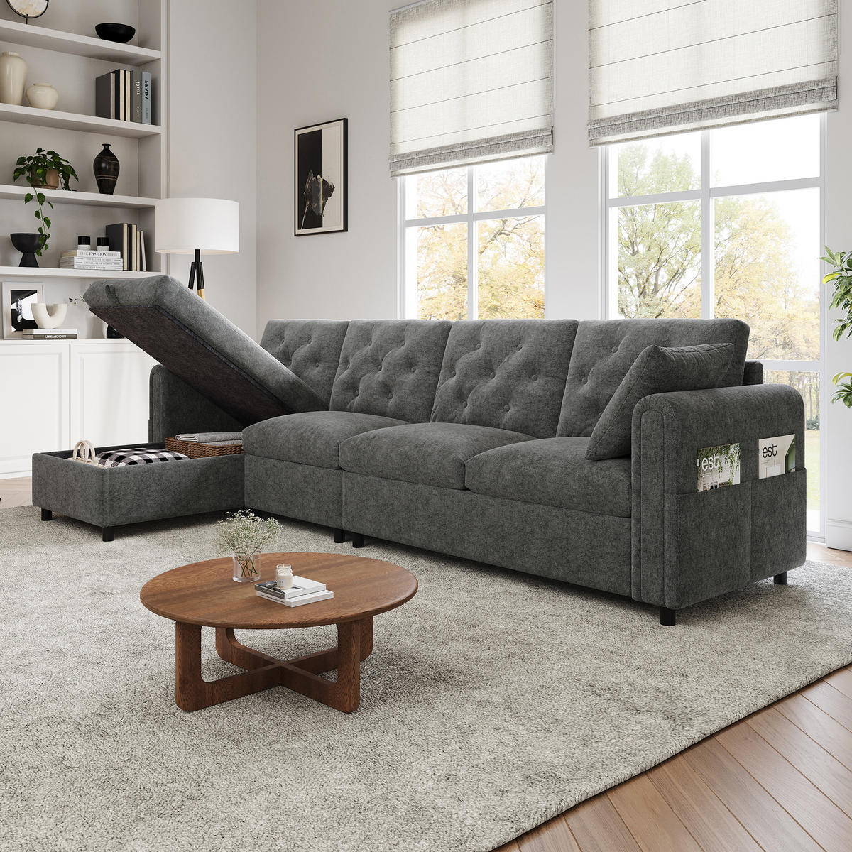 SOFA Grau L-Form Samt Stauraum Armlehne 281cm Knopfheftung - Grau, Textil (132/86/281cm) - FLIEKS
