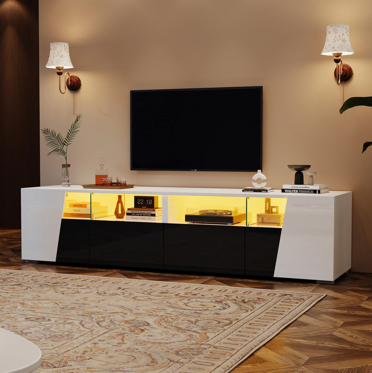 TV-ELEMENT mit LED 180 x 38,5 x 45 cm Hochglanz Schwarz/Weiß - Weiß, Glas (38.5/45/180cm) - Beauniv
